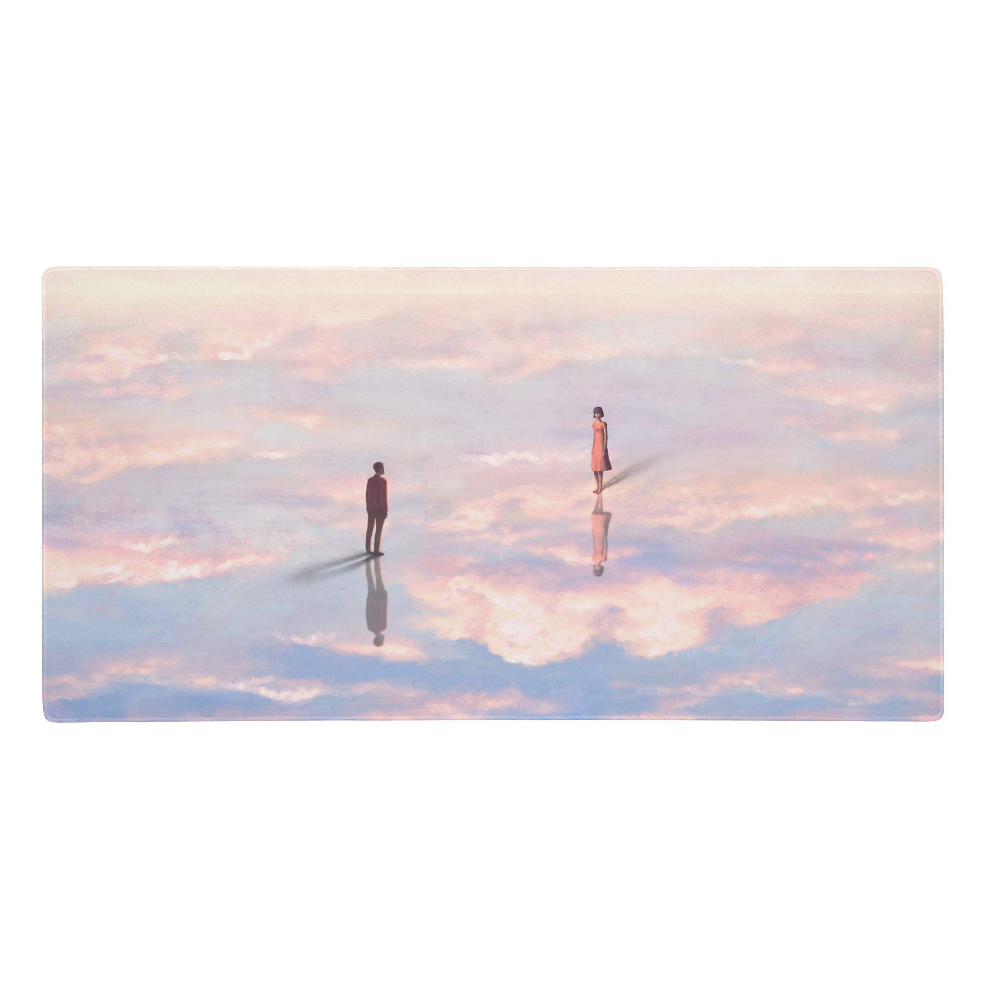Pastel sky dream desktop mouse pad with two silhouetted figures on a reflective surface under a pink and blue sky