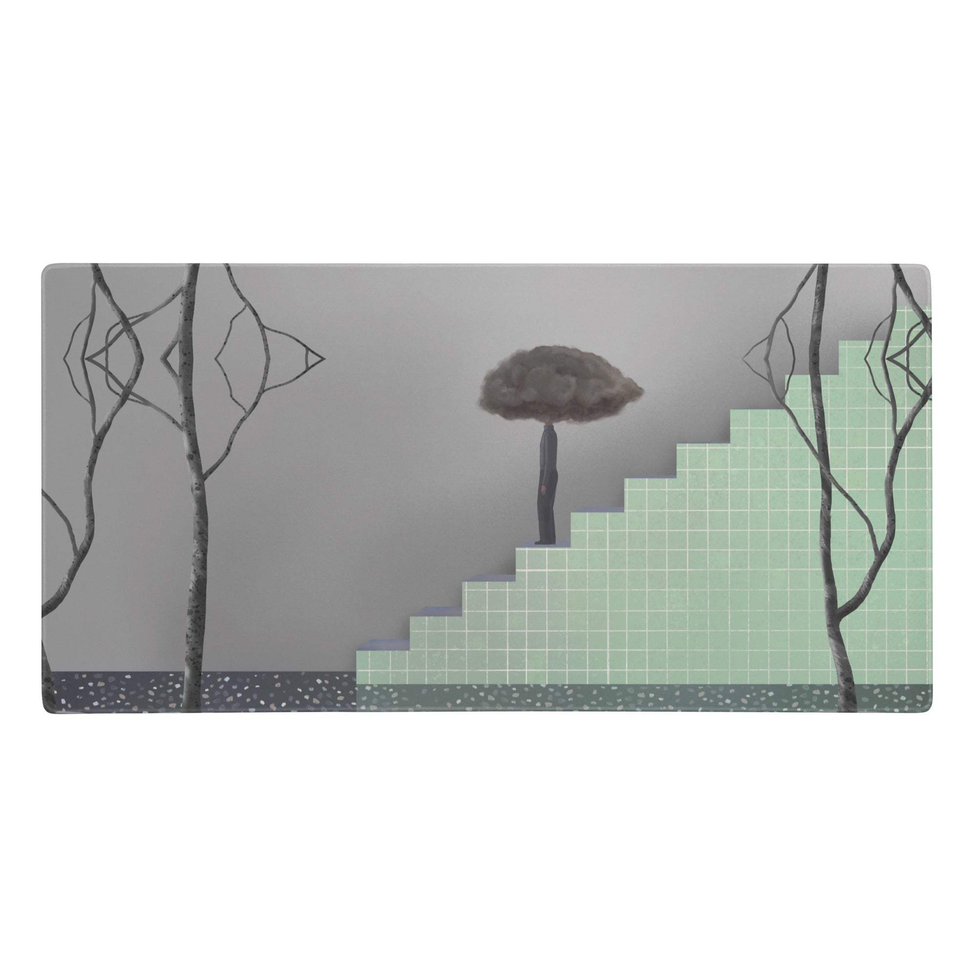 Gray green contemporary mouse pad with minimalist tree illustration on light green steps and dark brown canopy on gray background