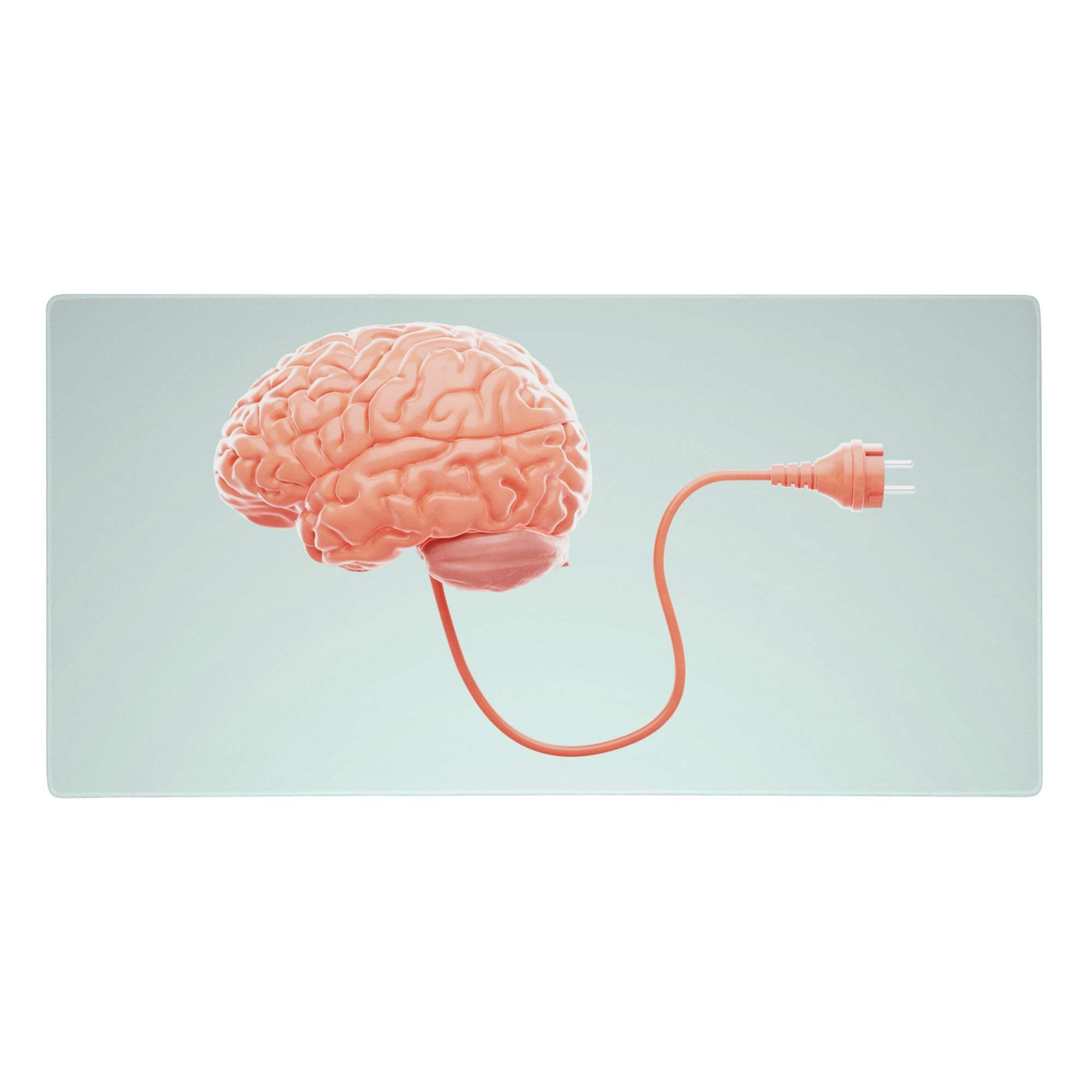 Pastel pink brain-shaped gaming mouse pad with matching electrical plug and cord for modern desk setup