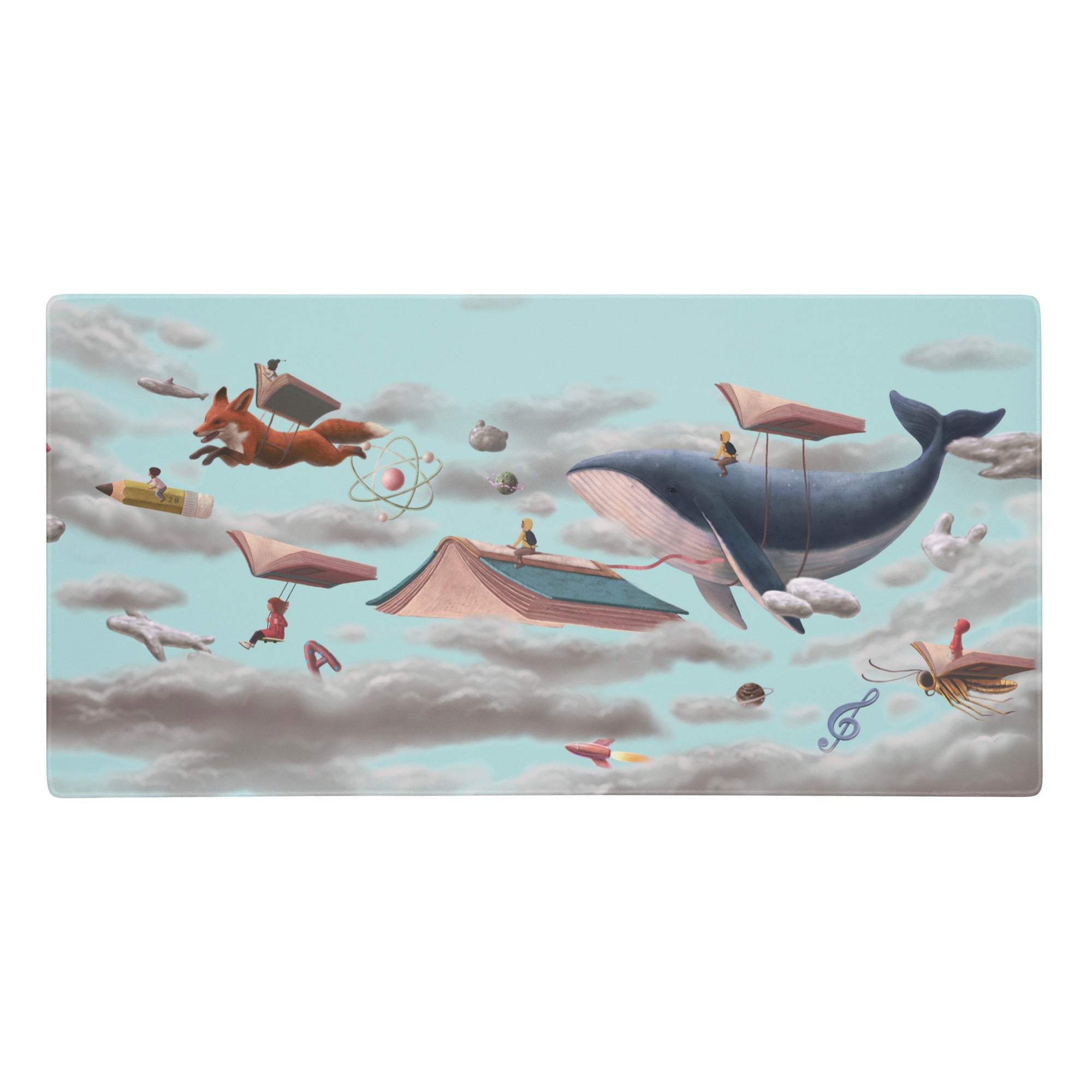 Azure sky book flight desk pad featuring a blue whale with pink underbelly carrying an open book among clouds