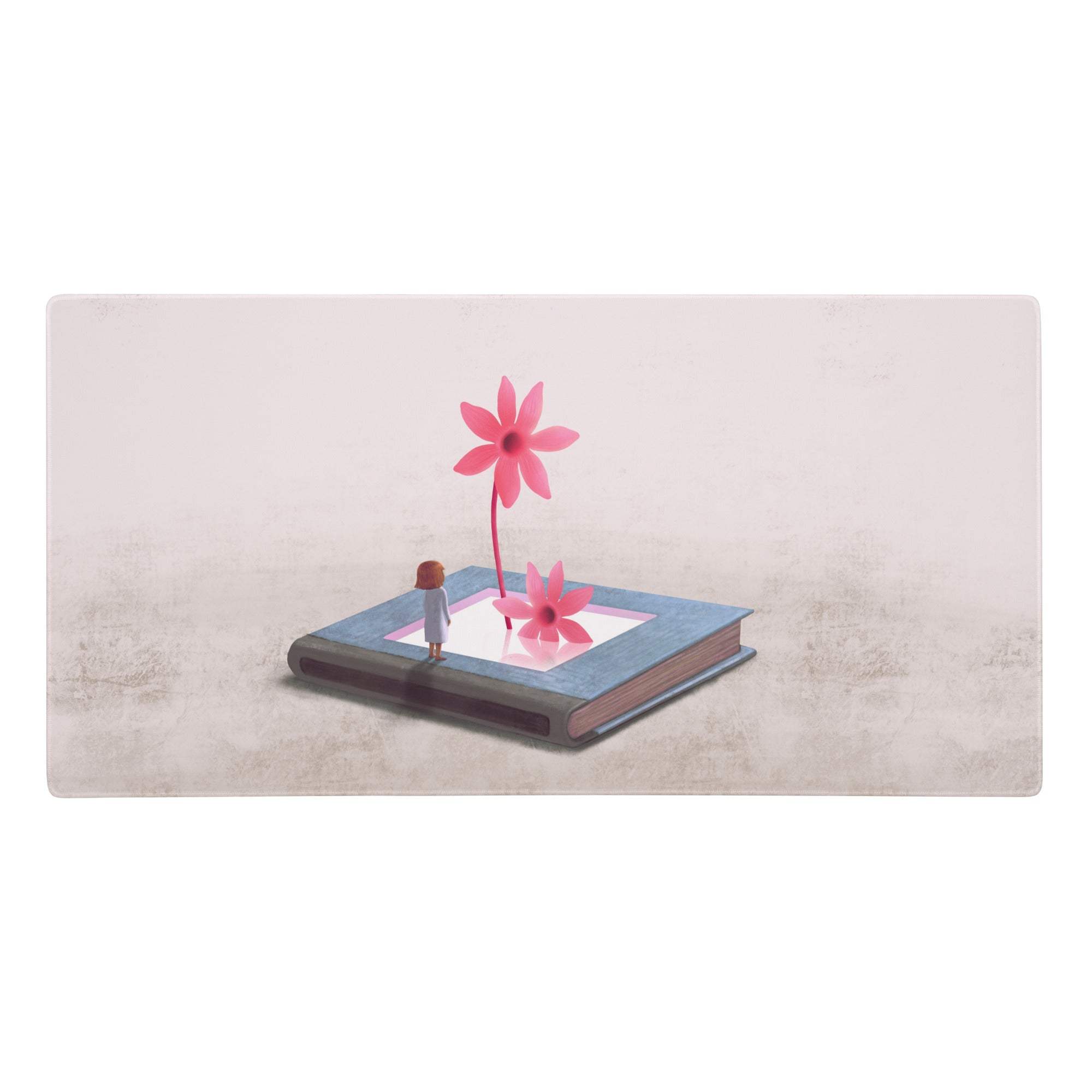 An open book desk pad with a blue cover and pink flowers for whimsical modern pink floral office decor