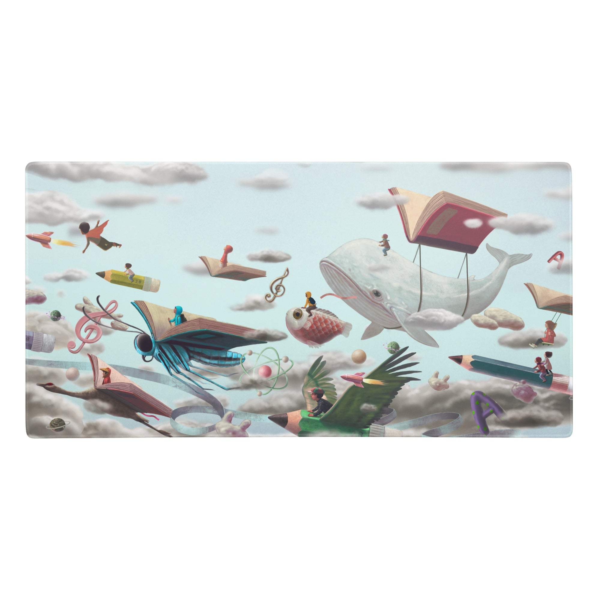 Whimsical surreal sky blue rectangular mouse pad with floating books pencils and whales for gaming and desk use
