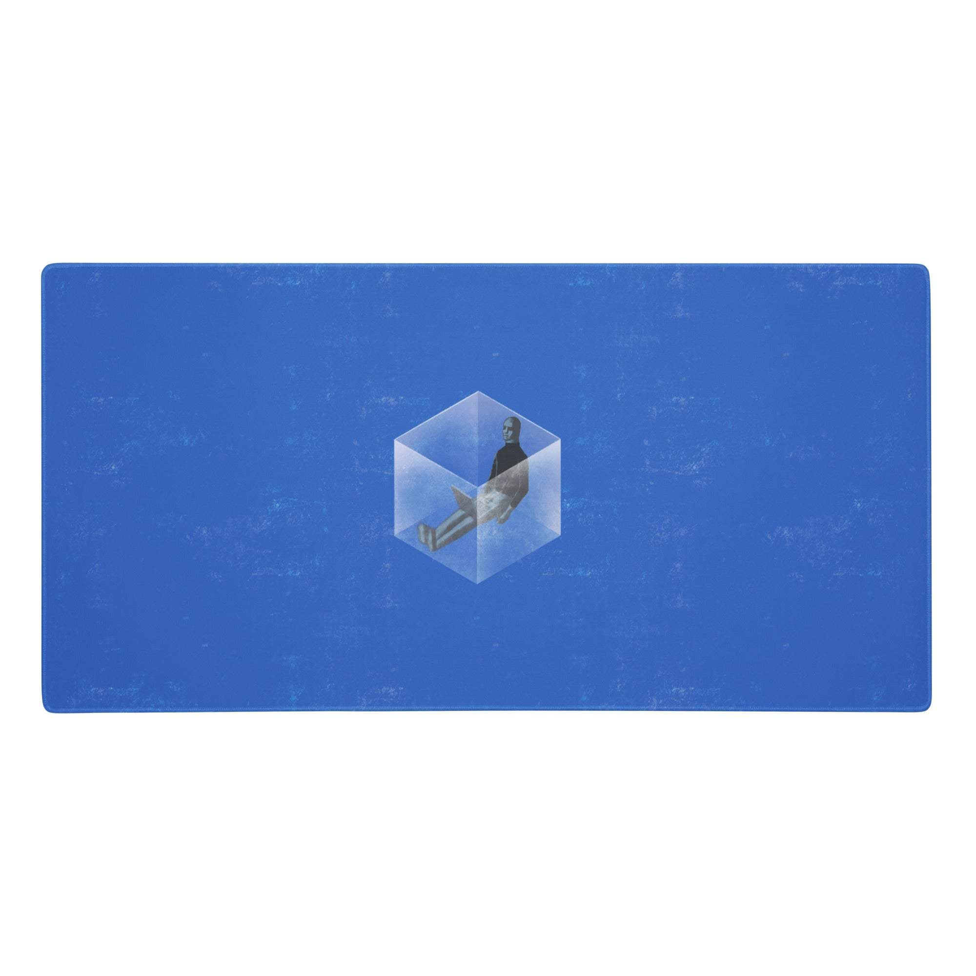 Blue abstract mouse pad with transparent cube and abstract human figure on blue rectangular mat for office use