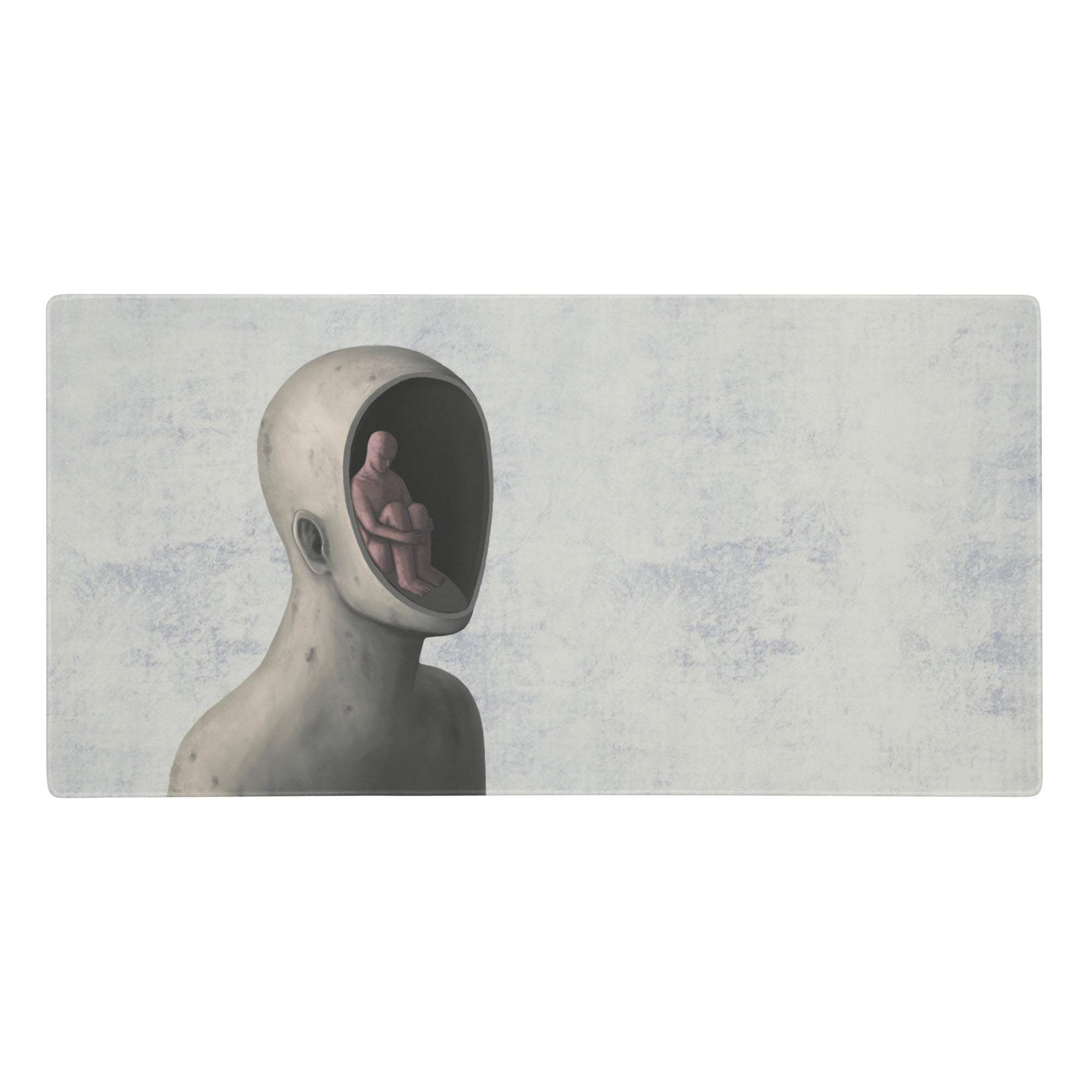 Surreal gray blue mouse pad with a pale textured humanoid figure and smaller seated human in head cavity design