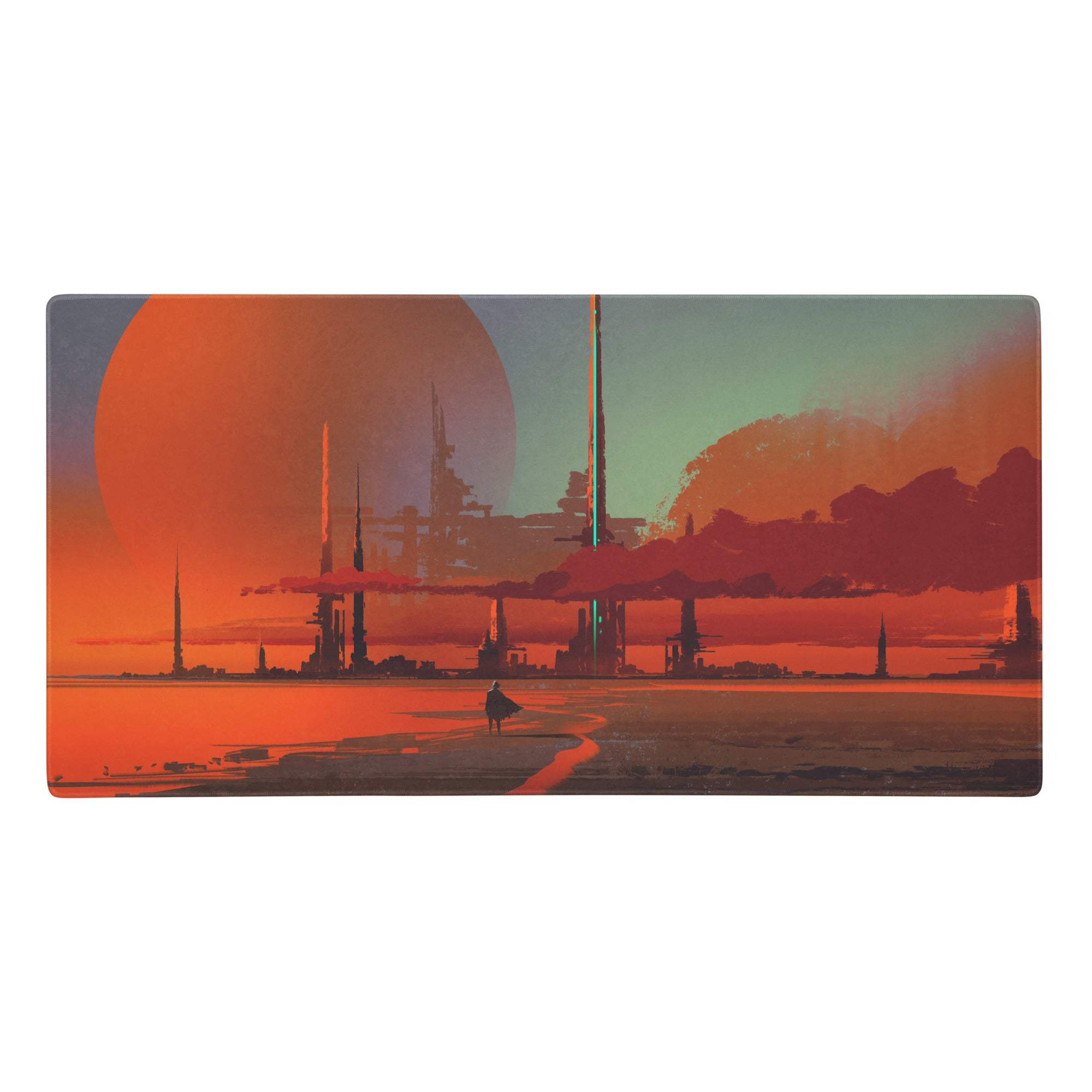 Rectangular mouse pad featuring a retro futuristic orange and teal cityscape with tall spires under two large celestial bodies