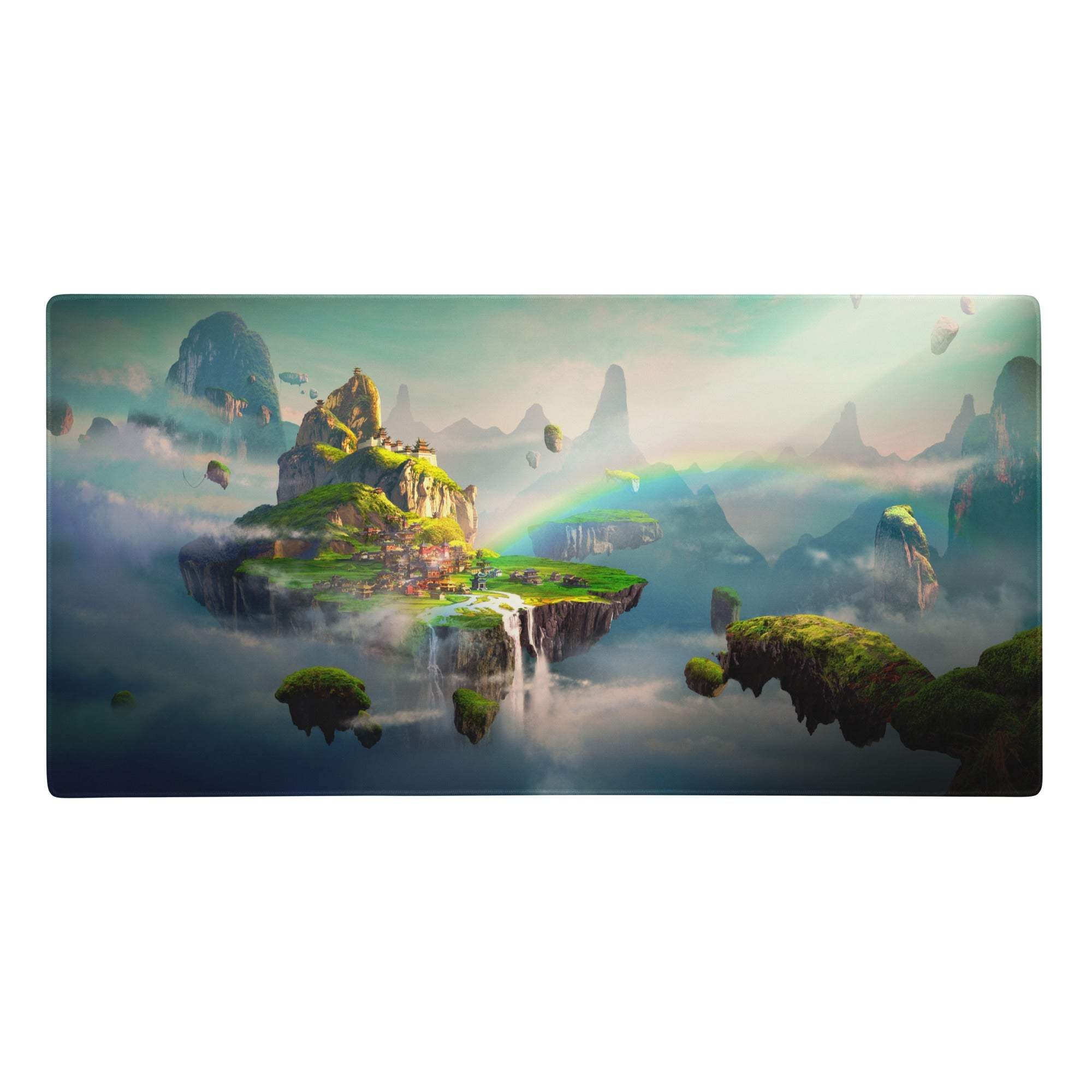 Blue teal fantasy landscape desk pad featuring a floating island with misty peaks greenery and a rainbow over waterfalls