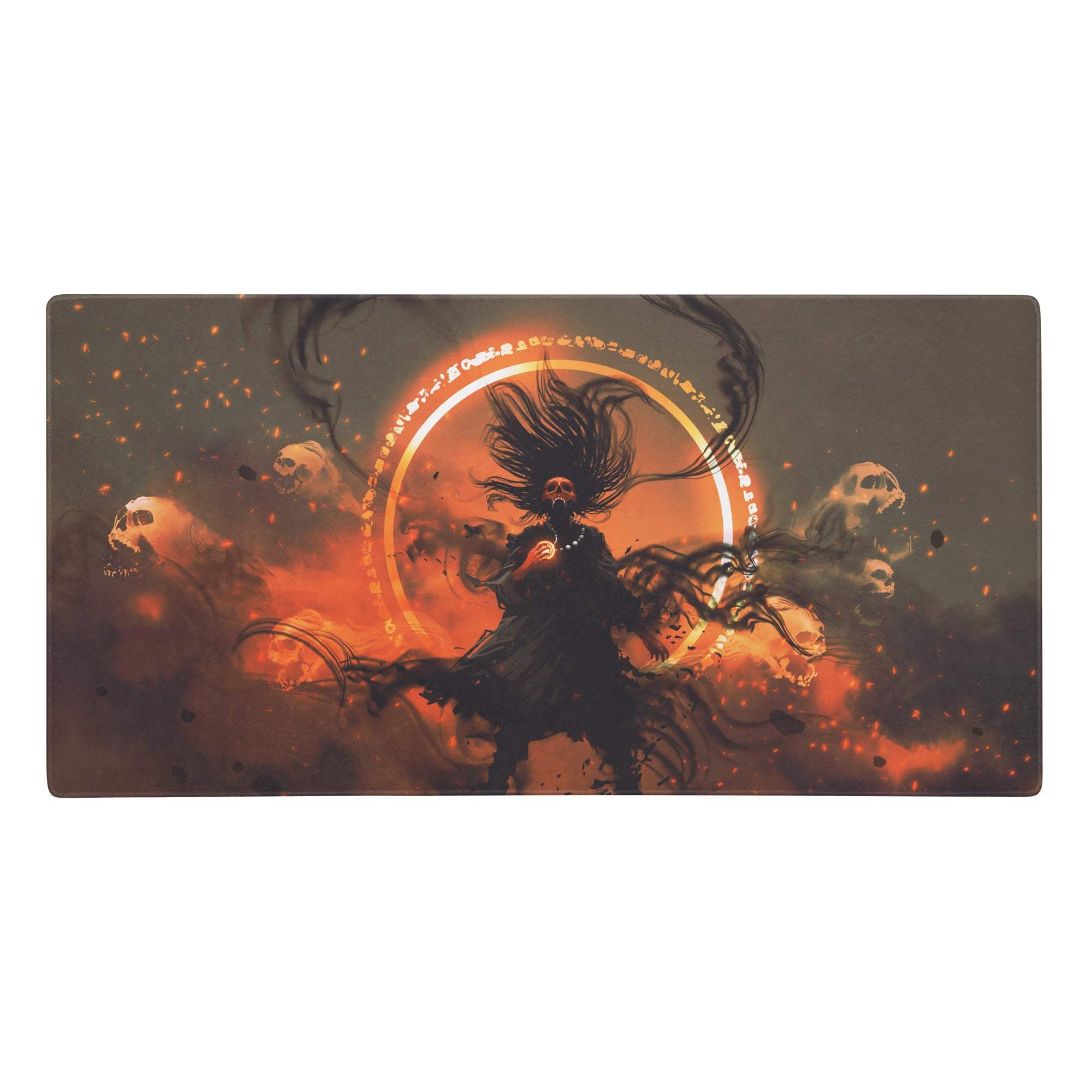Inferno portal fantasy gaming mouse pad with dark rectangular design featuring a figure with skulls and fiery orange backdrop