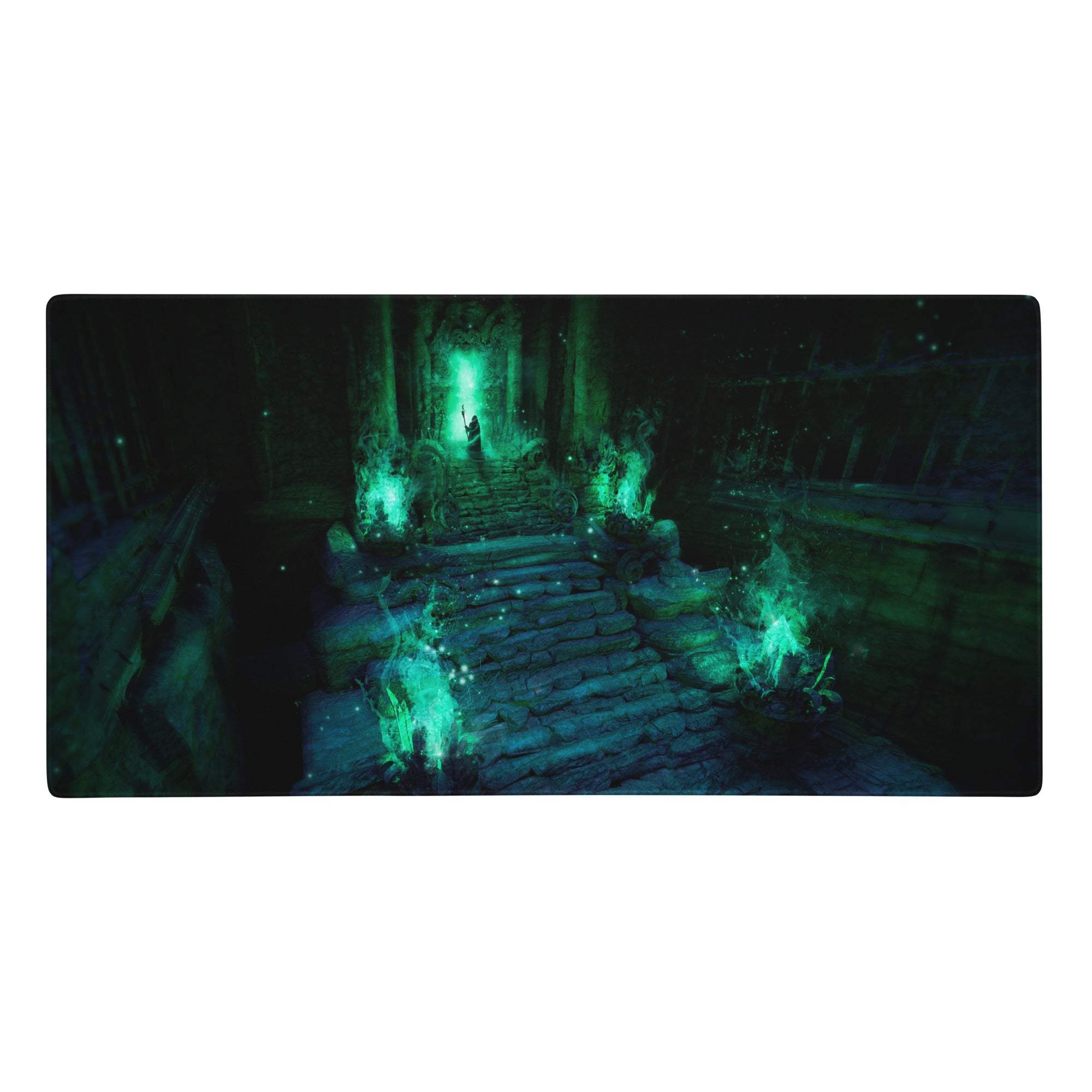 Emerald dungeon themed rectangular gaming mousepad with glowing green runes and stone stairs for epic gaming setup
