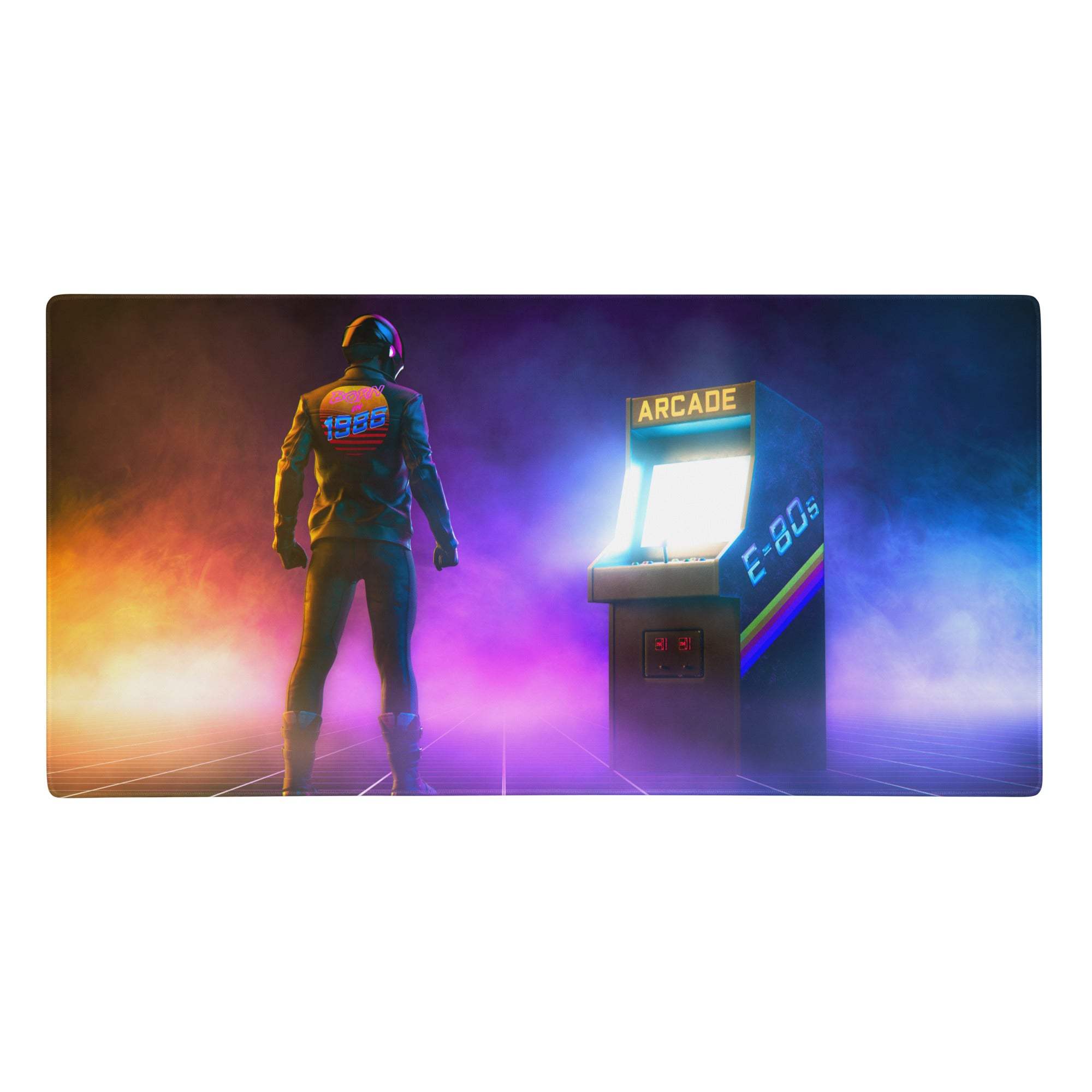 Neon arcade mouse pad featuring a retro neon-lit arcade machine with purple and orange cyberpunk hues for gaming desks