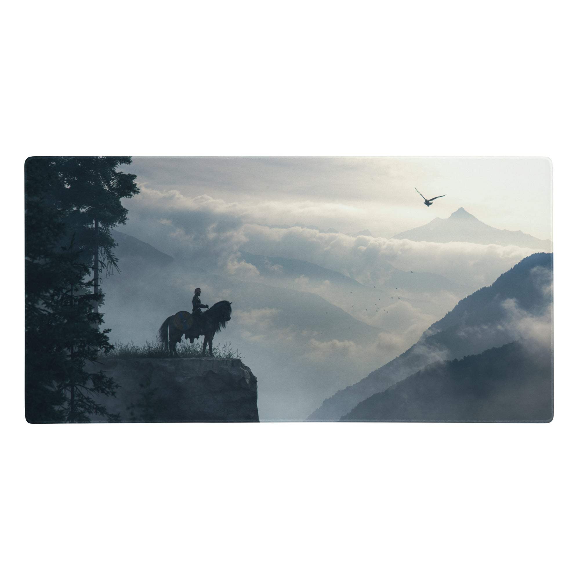 Blue mountain gaming mouse pad with serene mountain landscape misty valleys and lone rider on cliff edge in blue tones