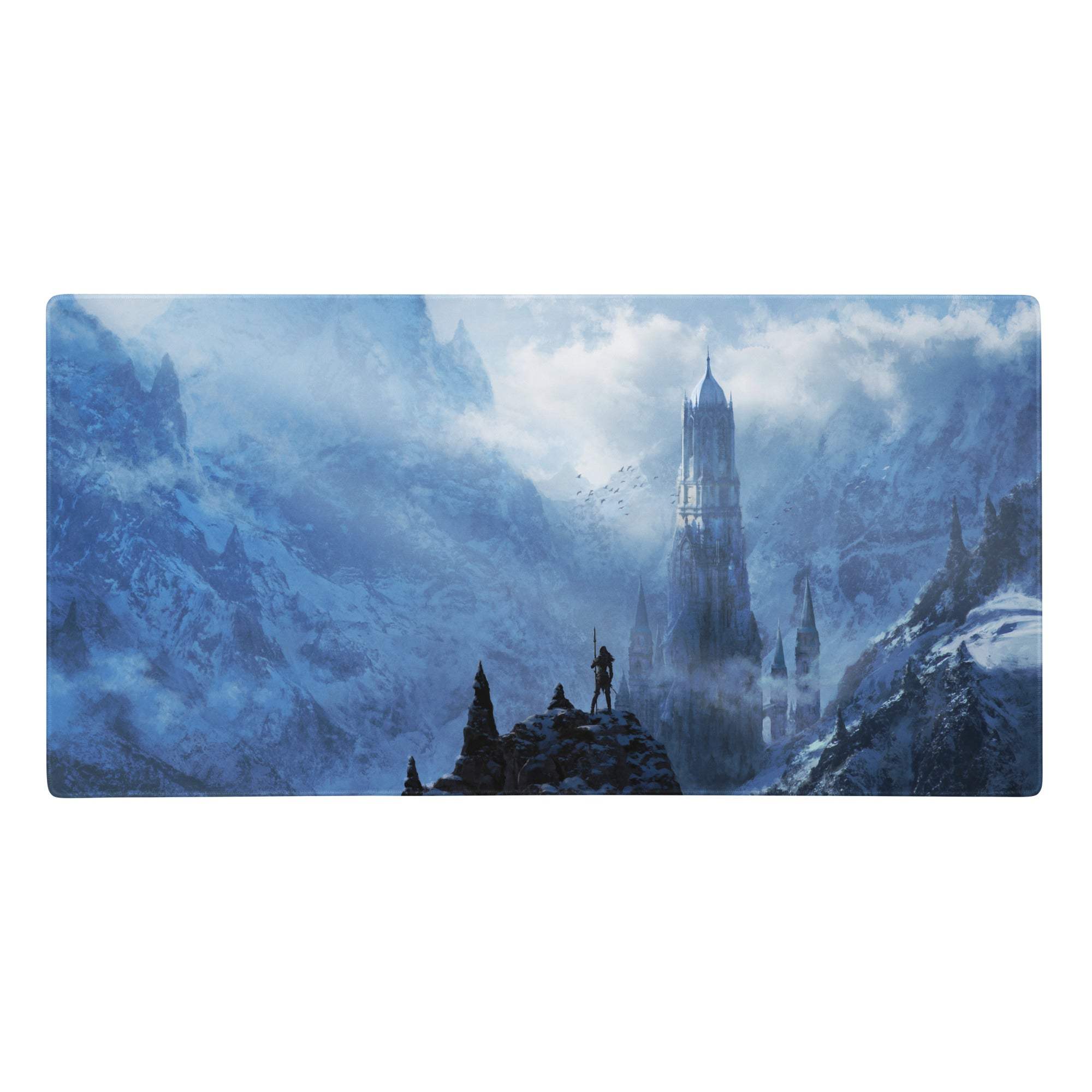 Blue ice fantasy castle mouse pad featuring a blue mountain landscape with a towering castle and lone figure on snow peaks
