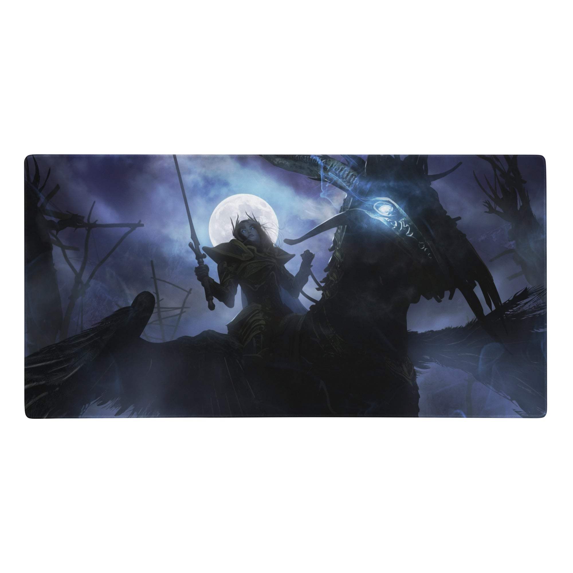 Dark-themed gaming mouse pad with fantasy battle scene under full moon in deep blue purple for modern gaming decor