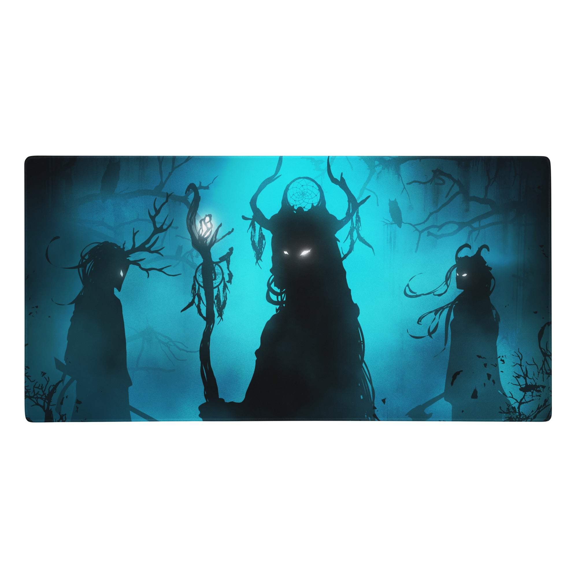 Blue nightfall silhouette desk pad with dark fantasy forest scene and glowing eyes large gaming mousepad