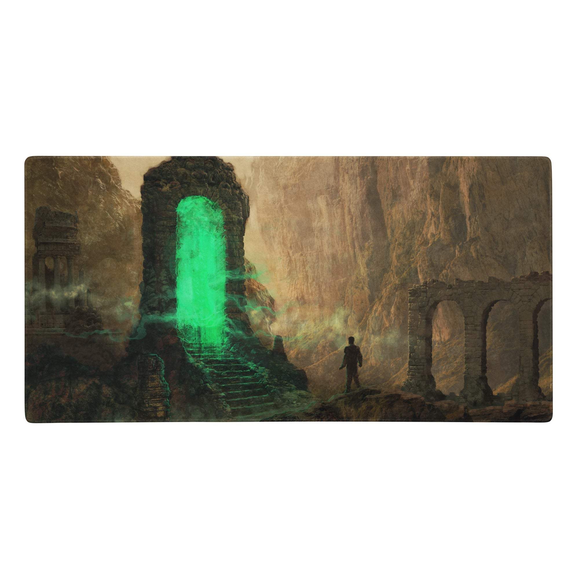 A rectangular non slip extended desk pad featuring a glowing emerald green stone archway fantasy scene