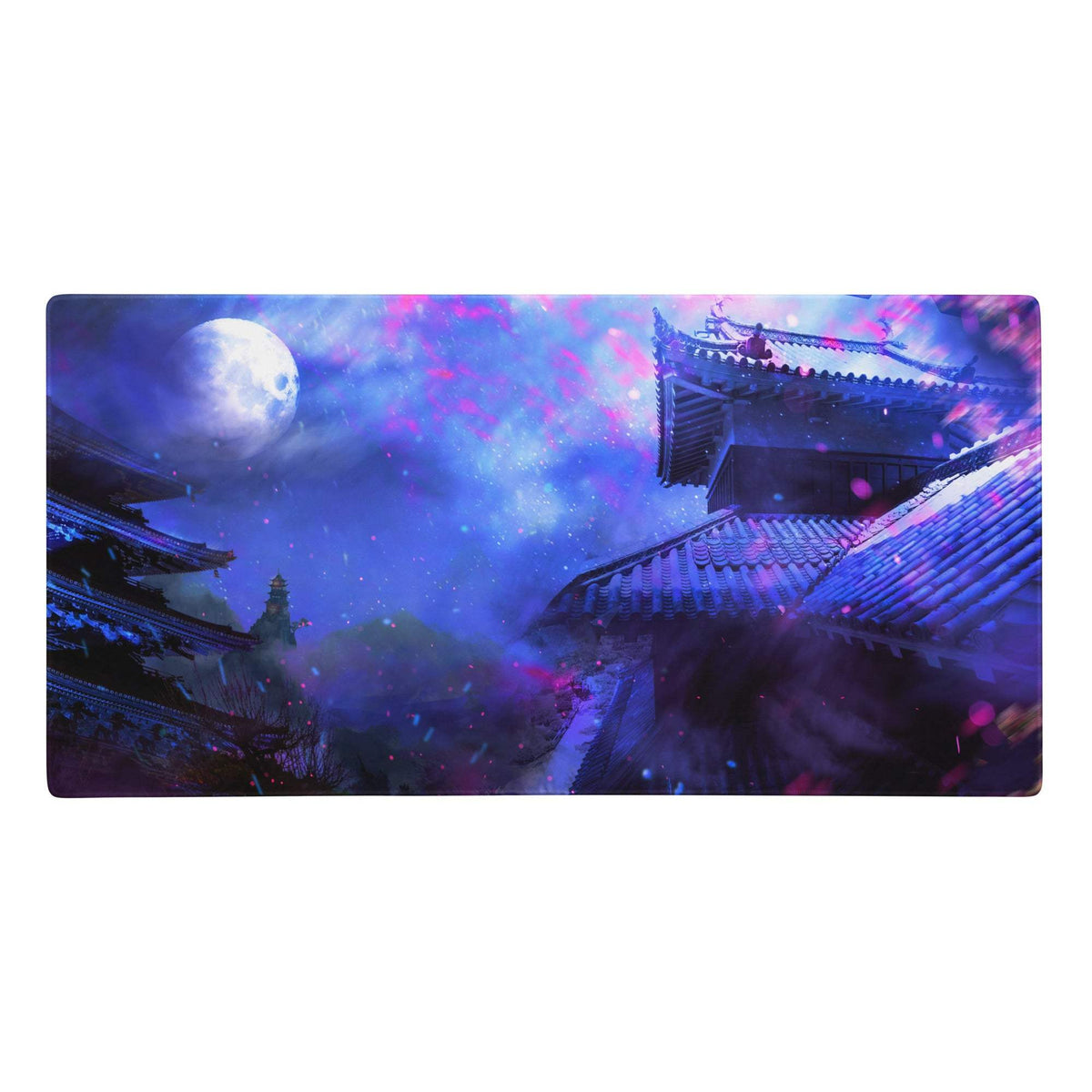 Rectangular gaming mousepad featuring east asian architecture under a glowing moonlit sky with purple blue neon cosmos clouds