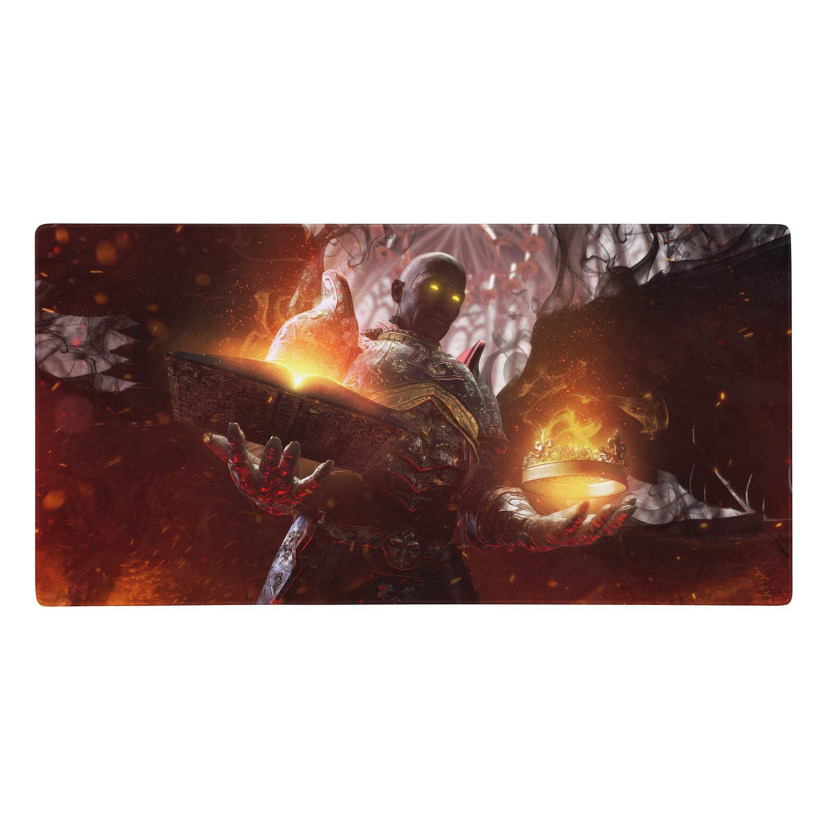 Rectangular red and black gaming mouse pad featuring a dark armored figure with glowing yellow eyes and fiery objects