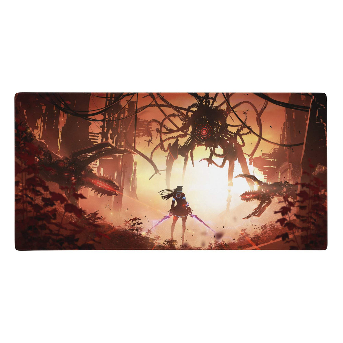 Rectangular gaming mat featuring a dark apocalyptic scene with a lone figure and spider creatures under an orange sky