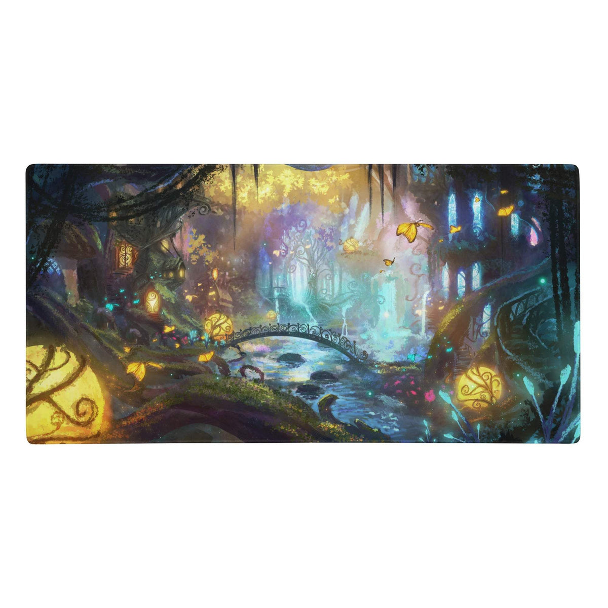 A rectangular gaming mat with a vibrant enchanted forest scene featuring glowing lanterns and butterflies in blue purple yellow tones