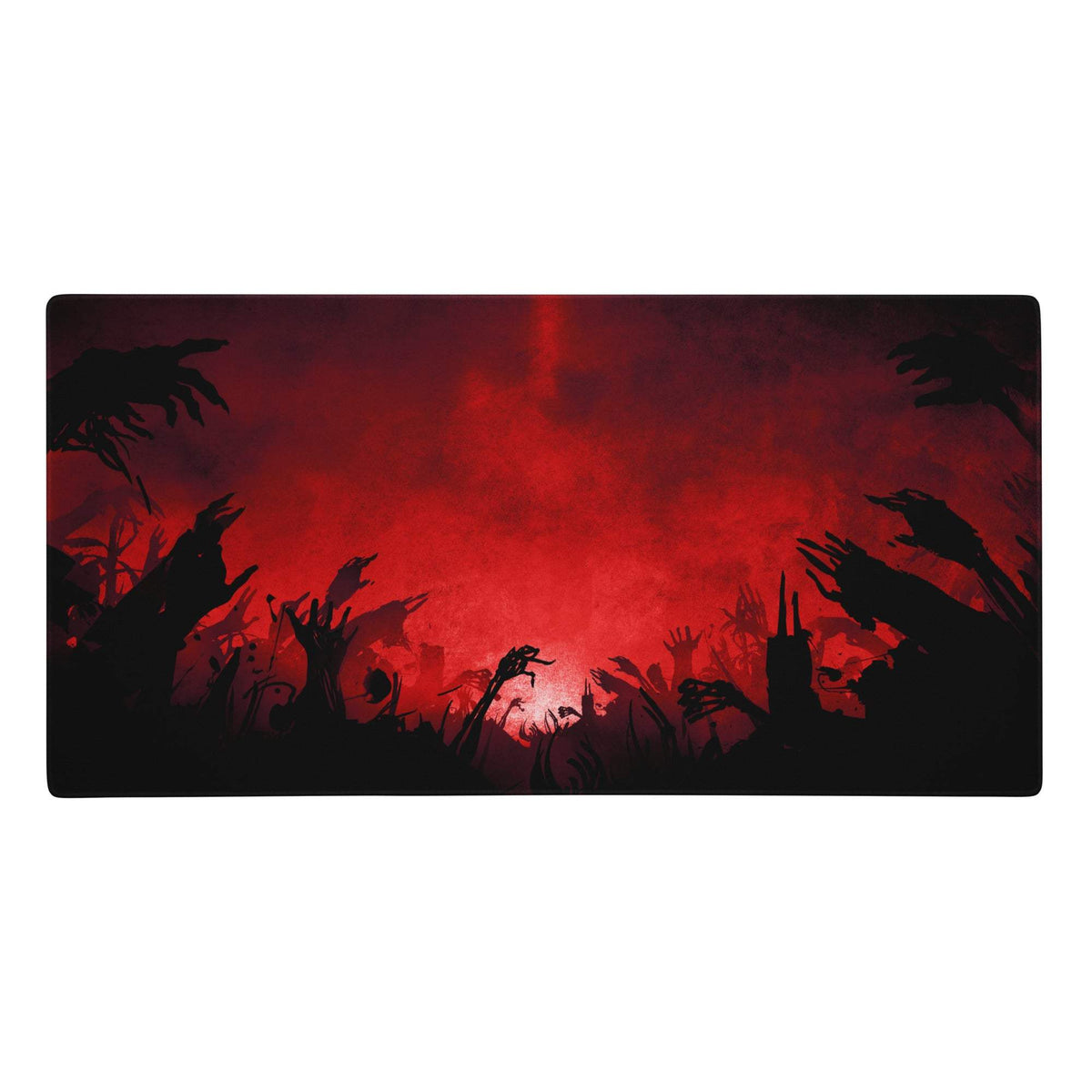 Crimson inferno arena gaming mouse pad in red and black with zombie apocalypse silhouettes on a large desk mat