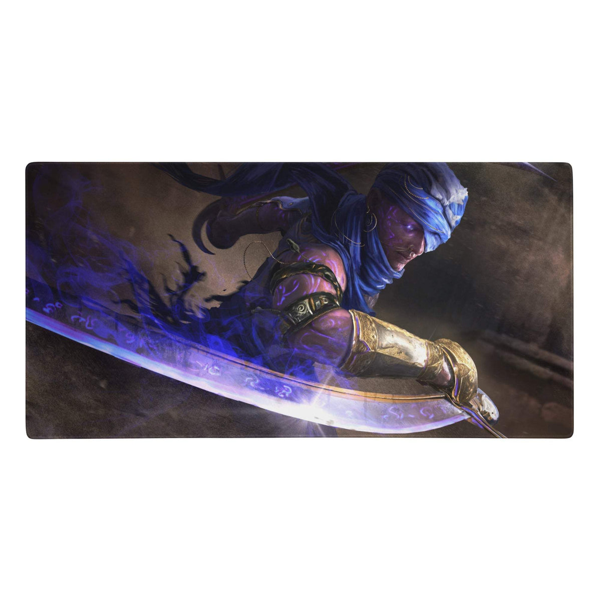 Rectangular neon fantasy warrior gaming mouse pad with blue warrior and glowing sword digital art design