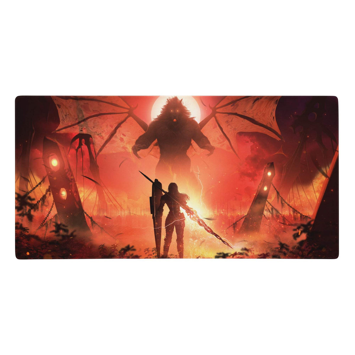 Fiery battle scene gaming pad with red and orange digital art of a lone warrior facing a giant demon under a sun