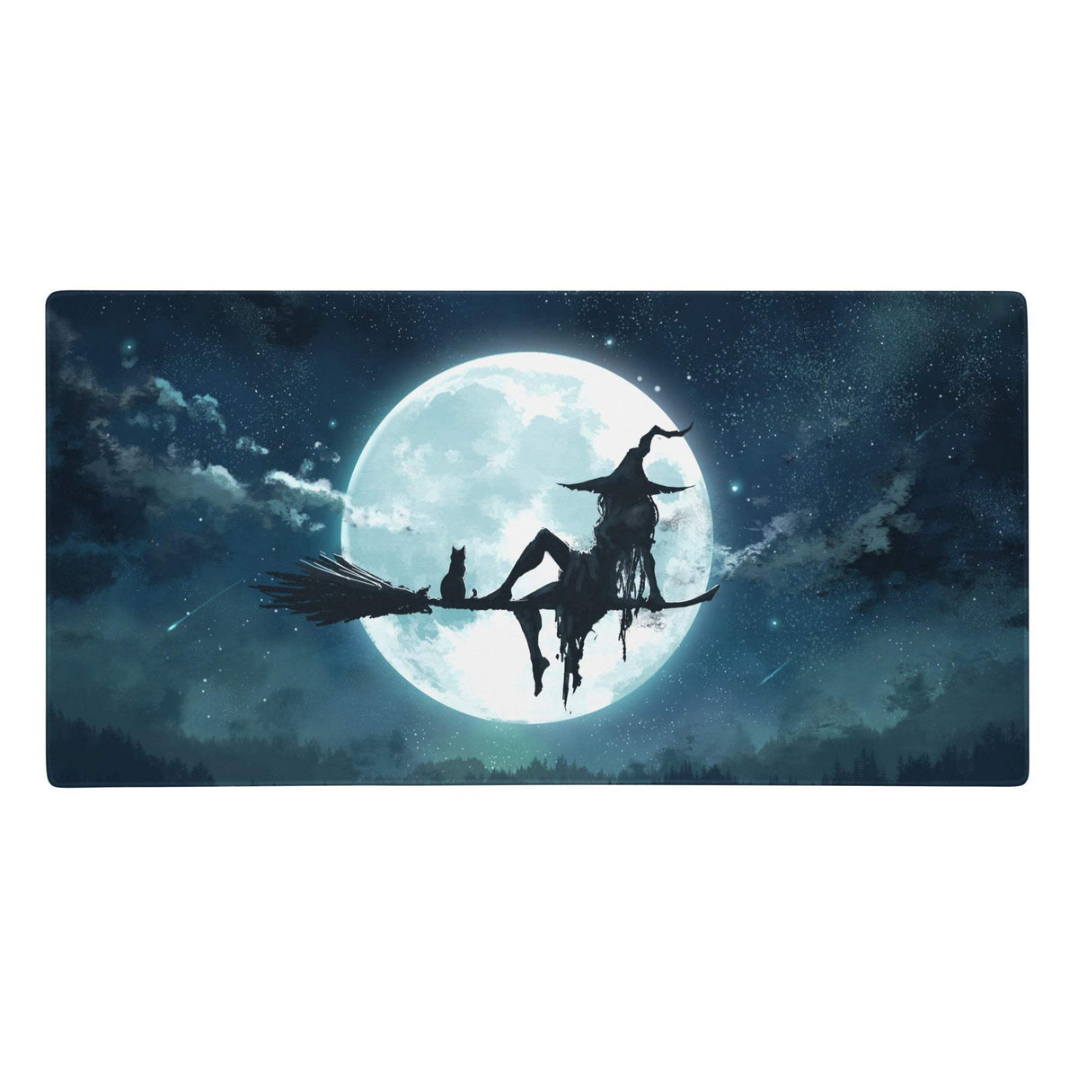 A rectangular navy gaming desk pad featuring a moonlit silhouette of a witch and cat against a full moon