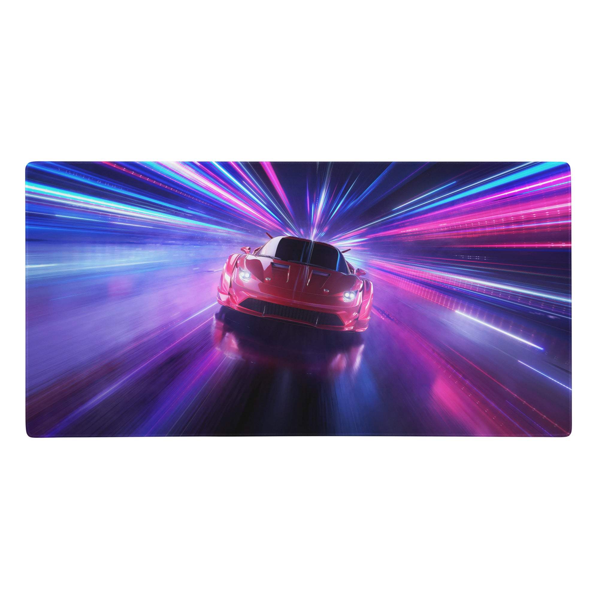 Neon hyperdrive racing pad featuring a blue and purple neon cyberpunk design with a red sports car speeding through light streaks