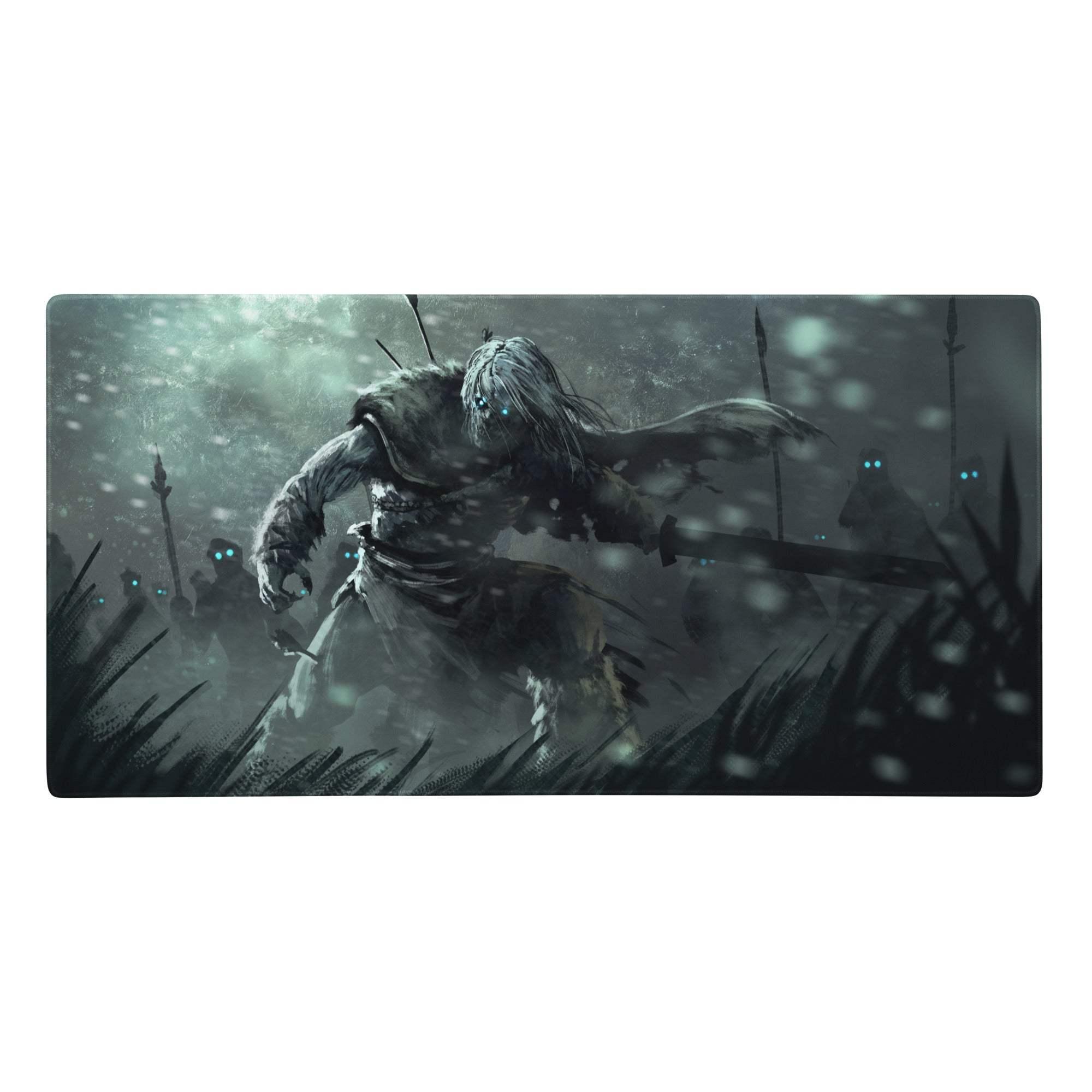 Dark gray rectangular gaming mat featuring a detailed warrior illustration with shadowy figures and glowing blue eyes in teal blue sci fi style