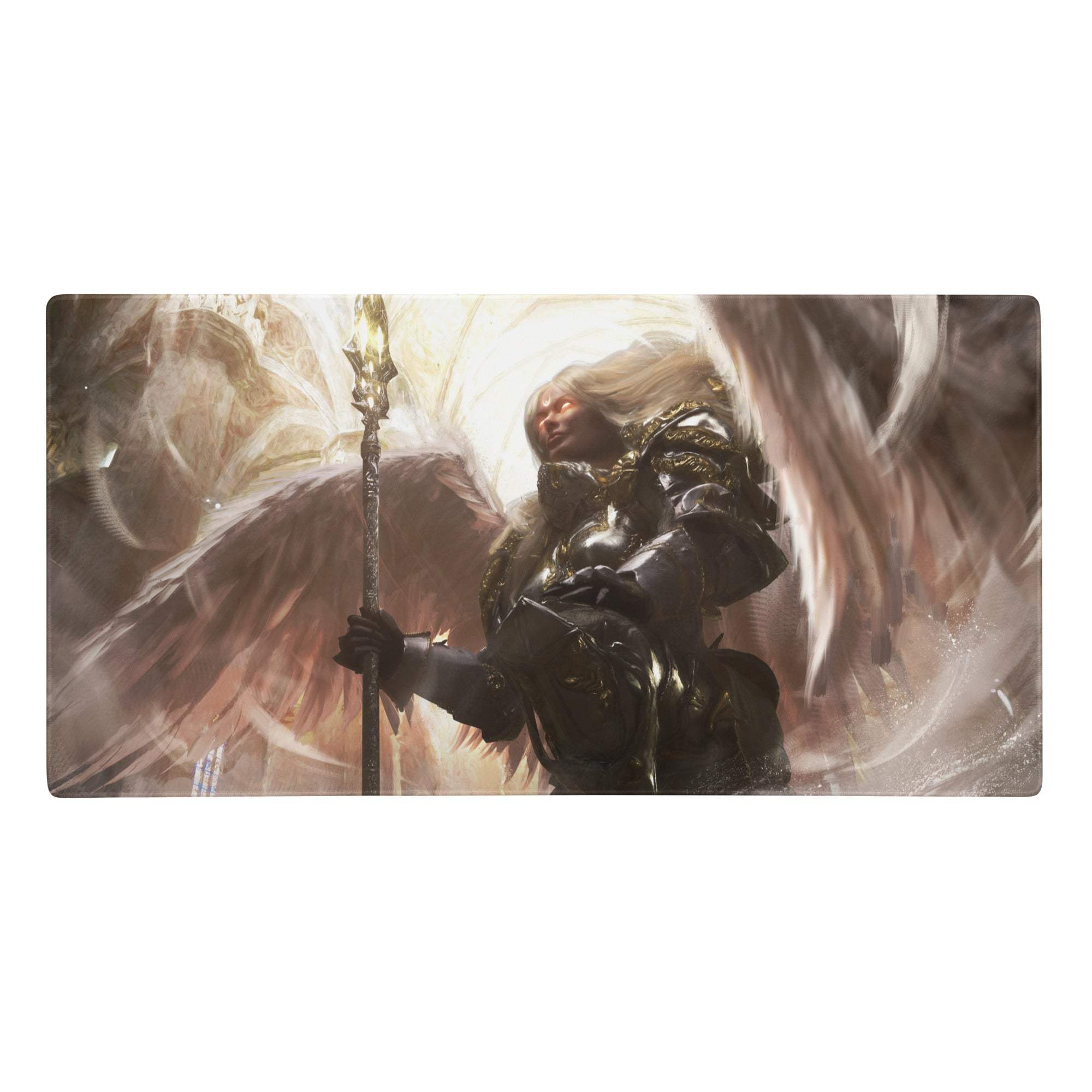 Rectangular black and gold gaming mat with detailed armored angel illustration holding a glowing staff for epic setups