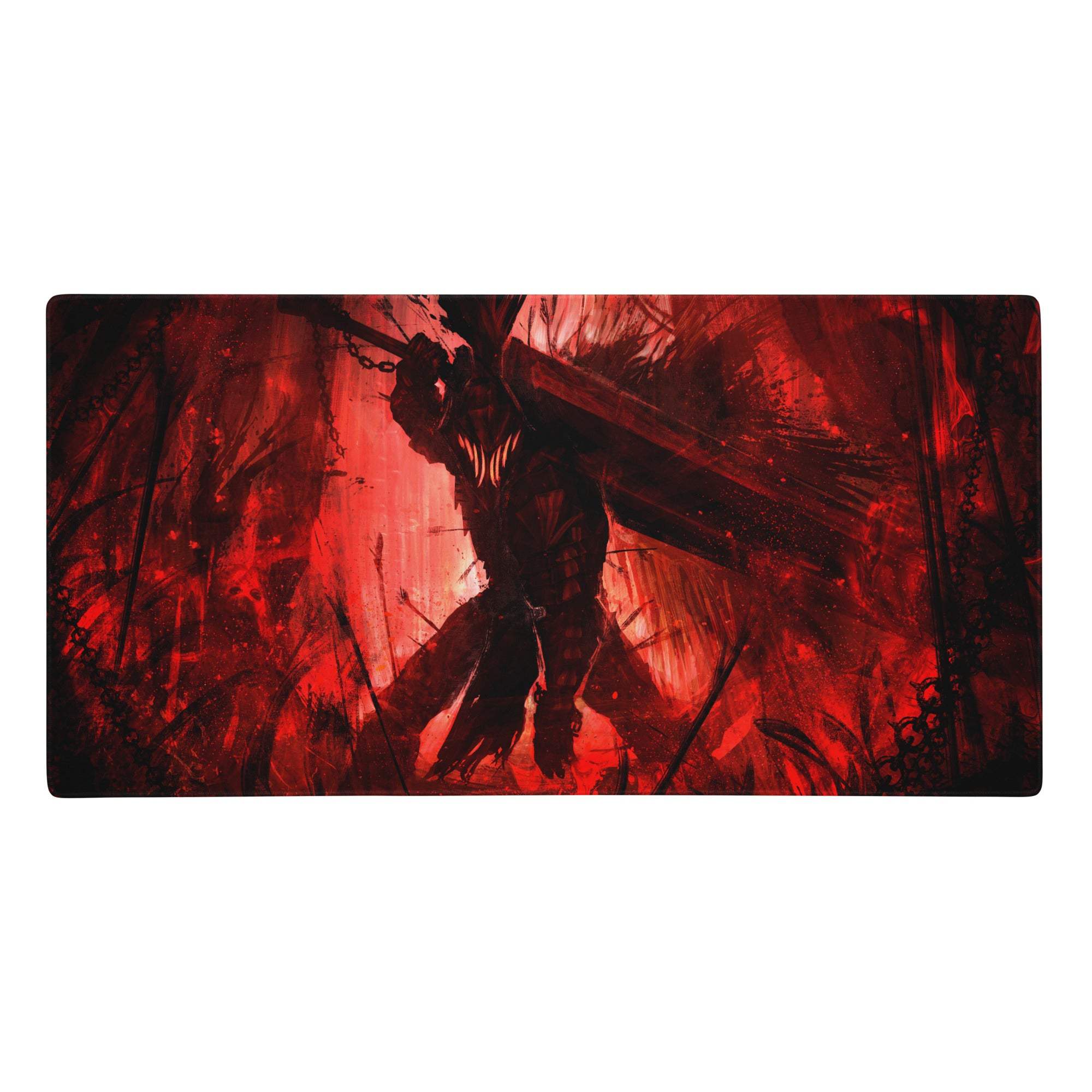 Red and black gaming mousepad with dark armored figure wielding chains in intense red-hued environment, 36x18 inches
