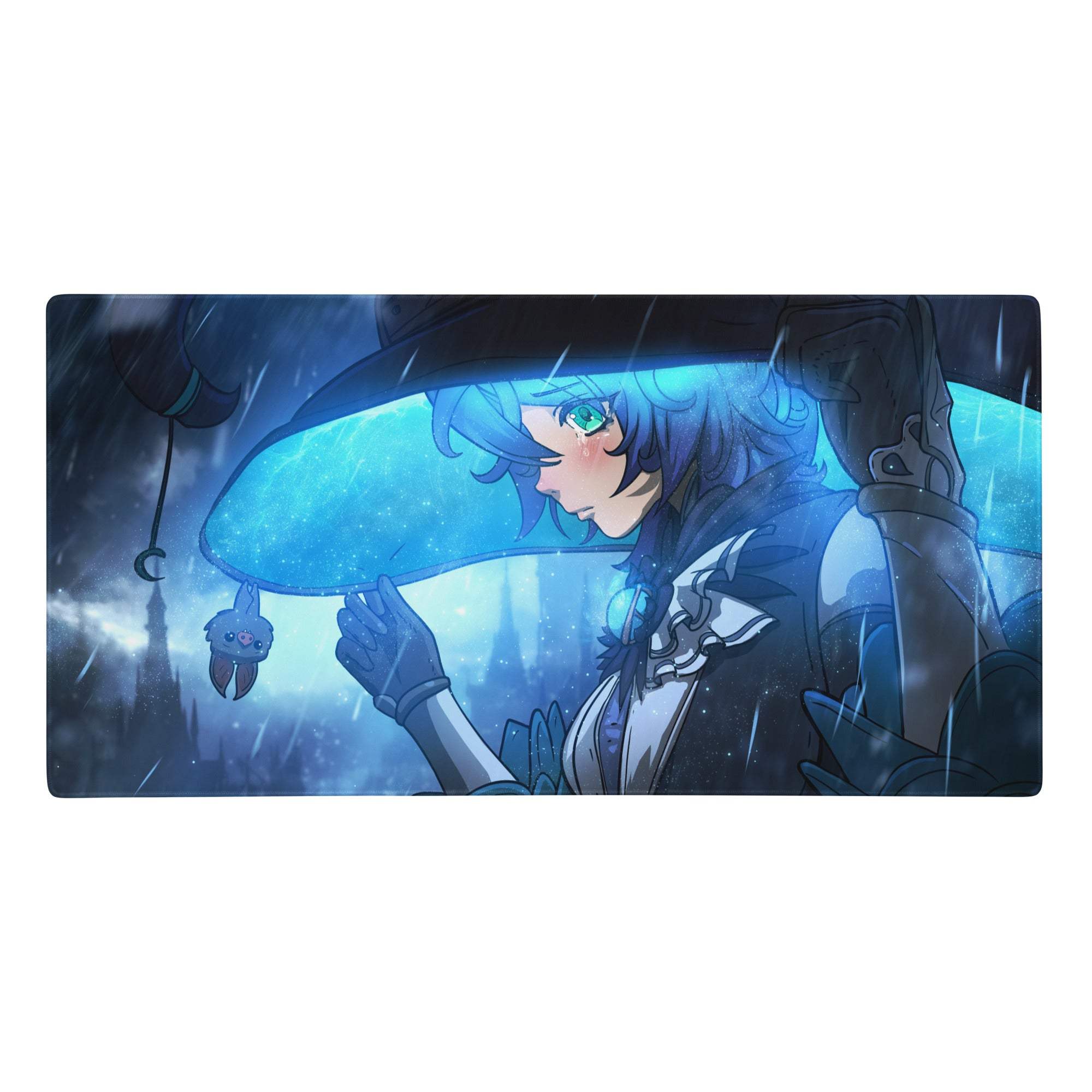 Blue and black anime gaming mouse pad featuring a character under a glowing umbrella in rainy cyberpunk style