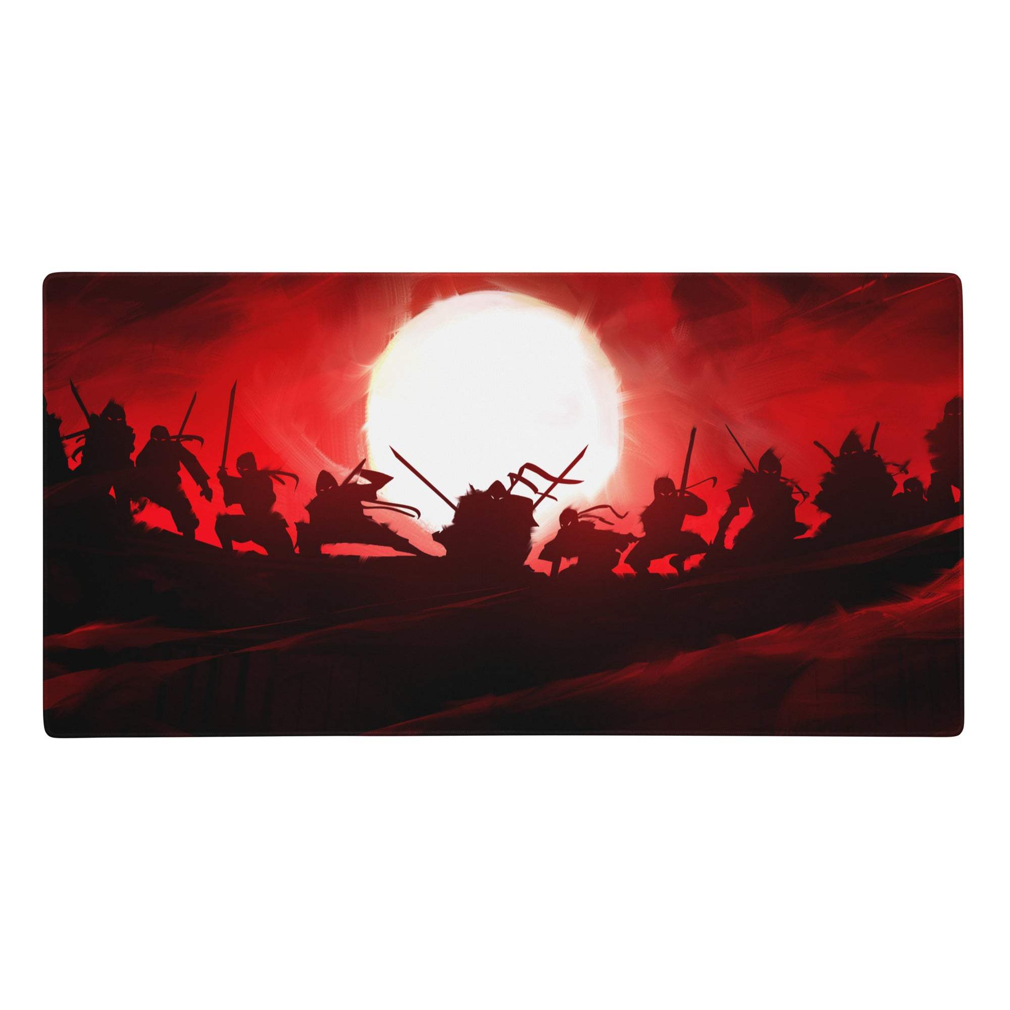 Red black battle scene pad gaming mouse pad featuring red rectangular design with samurai silhouettes and glowing sun