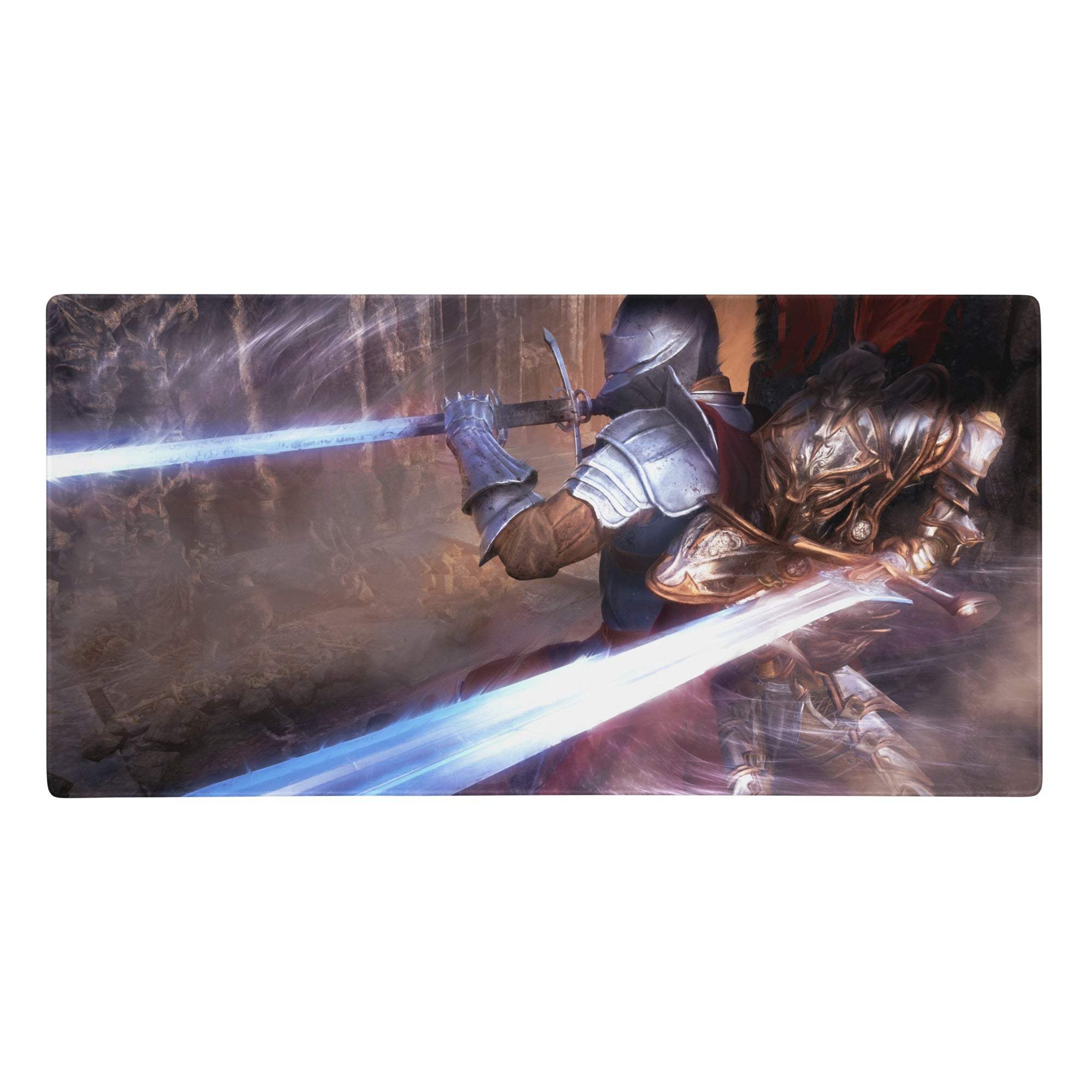 Rectangular gaming mouse pad featuring two armored knights mid-swordfight in blue and purple painterly art