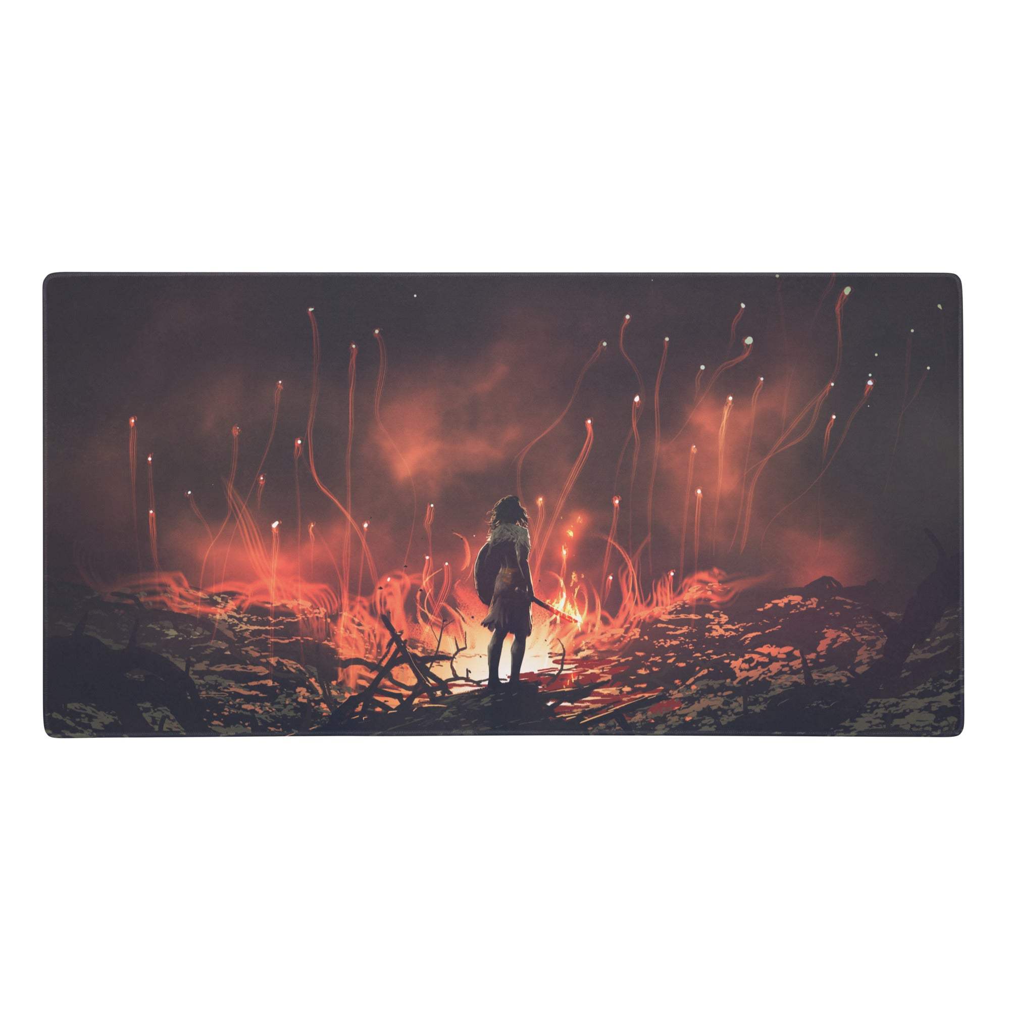 Ember Night Warrior black and orange rectangular gaming mouse pad with fiery landscape and glowing red tendrils design