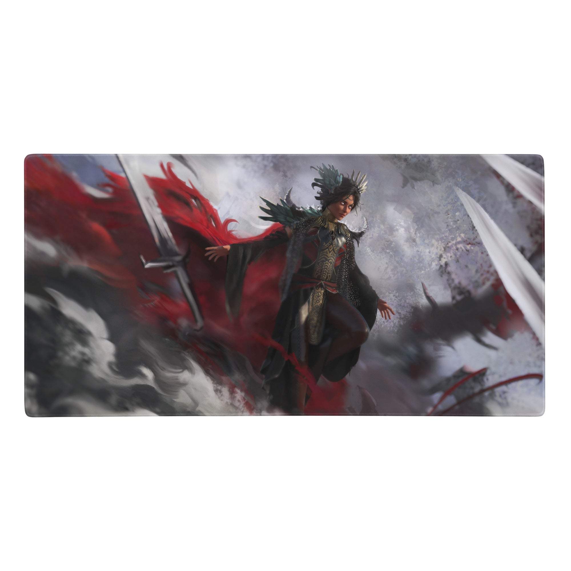 Rectangular epic warrior art mouse pad with dark-clad warrior red black fantasy design for gaming desks