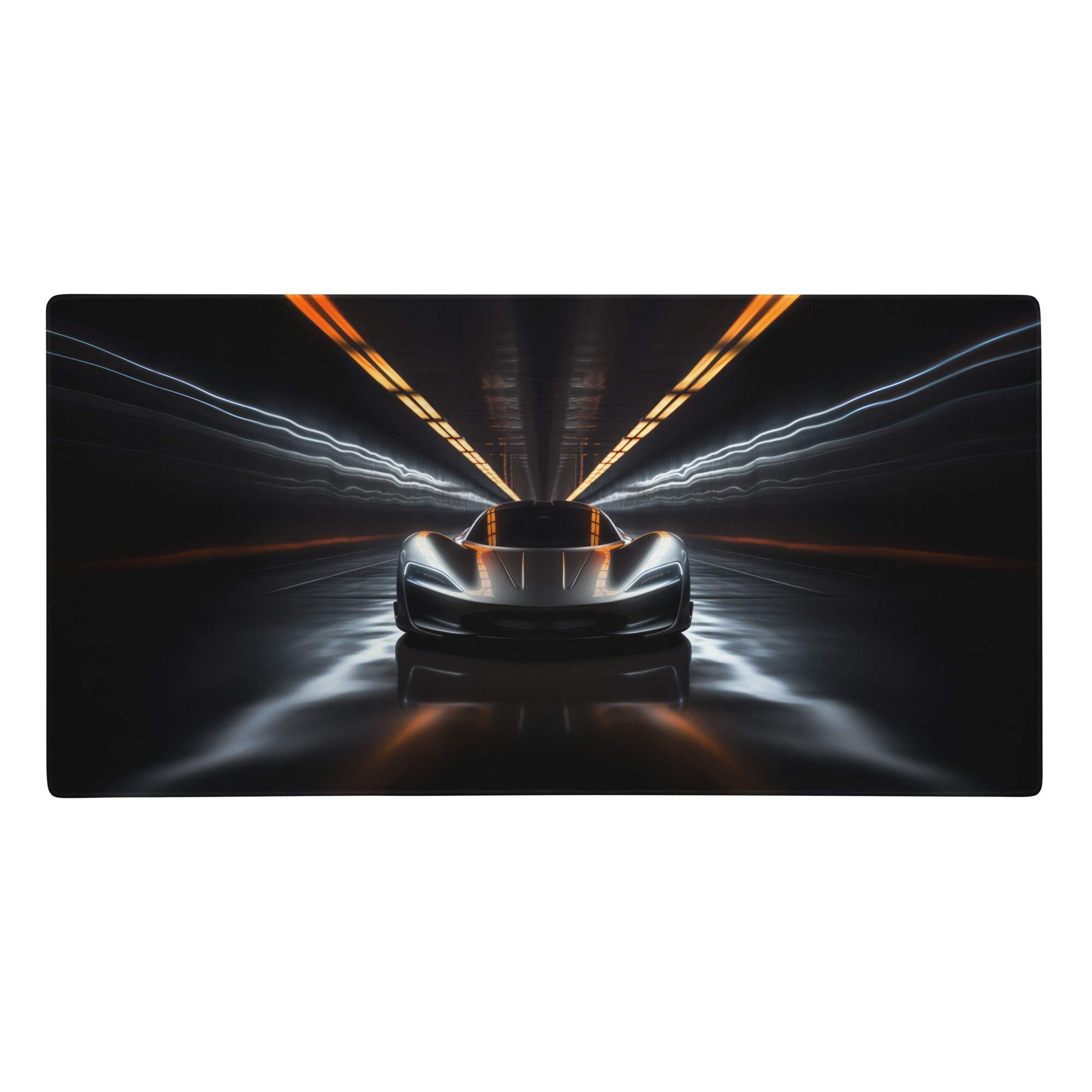 Neon velocity racer mouse pad with sleek silver sports car and glowing orange accents in dark tunnel for gaming desk