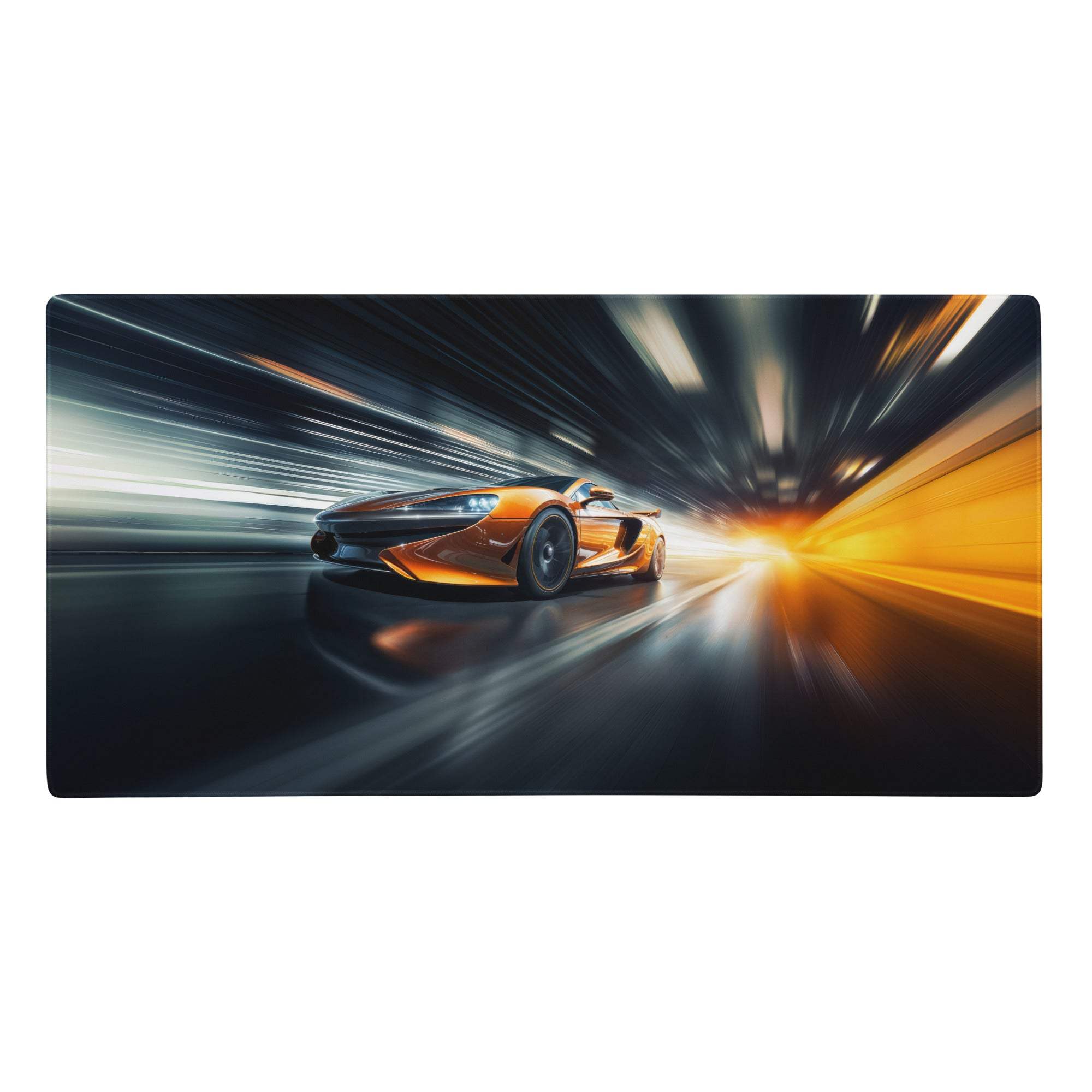 Orange blue speedster gaming mouse pad featuring an orange mclaren sports car speeding through a tunnel motion blur design