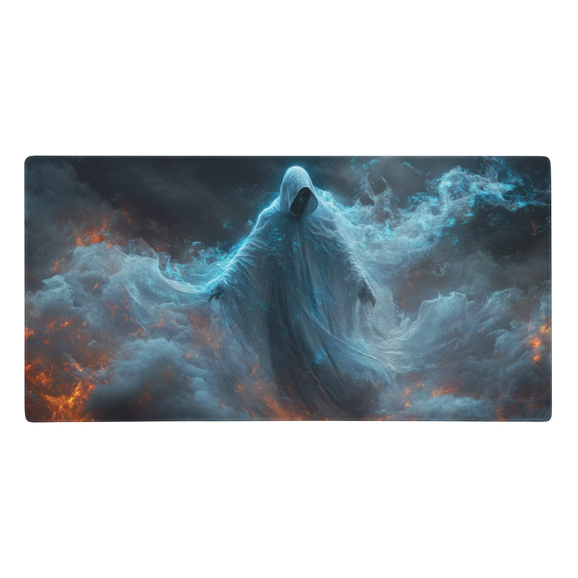 Firestorm mystic large rectangular gaming mousepad with a haunting white hooded figure amid blue and orange flames