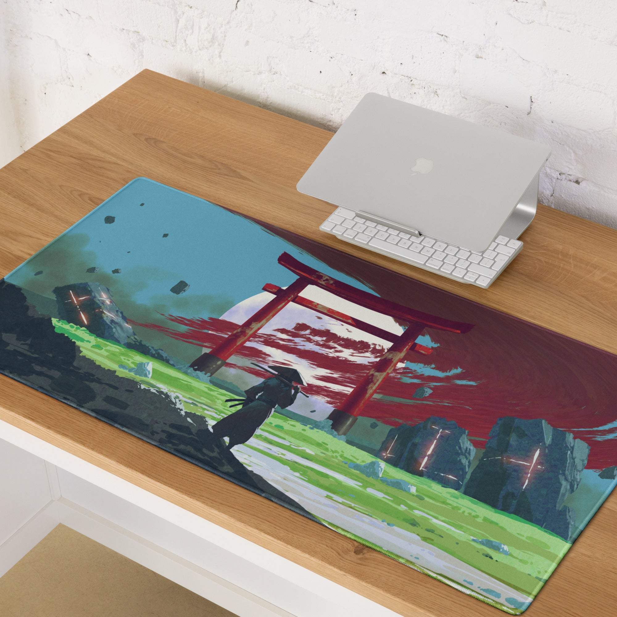 A rectangular gaming mousepad with a vibrant anime-style samurai scene in blue red colors for dramatic mood