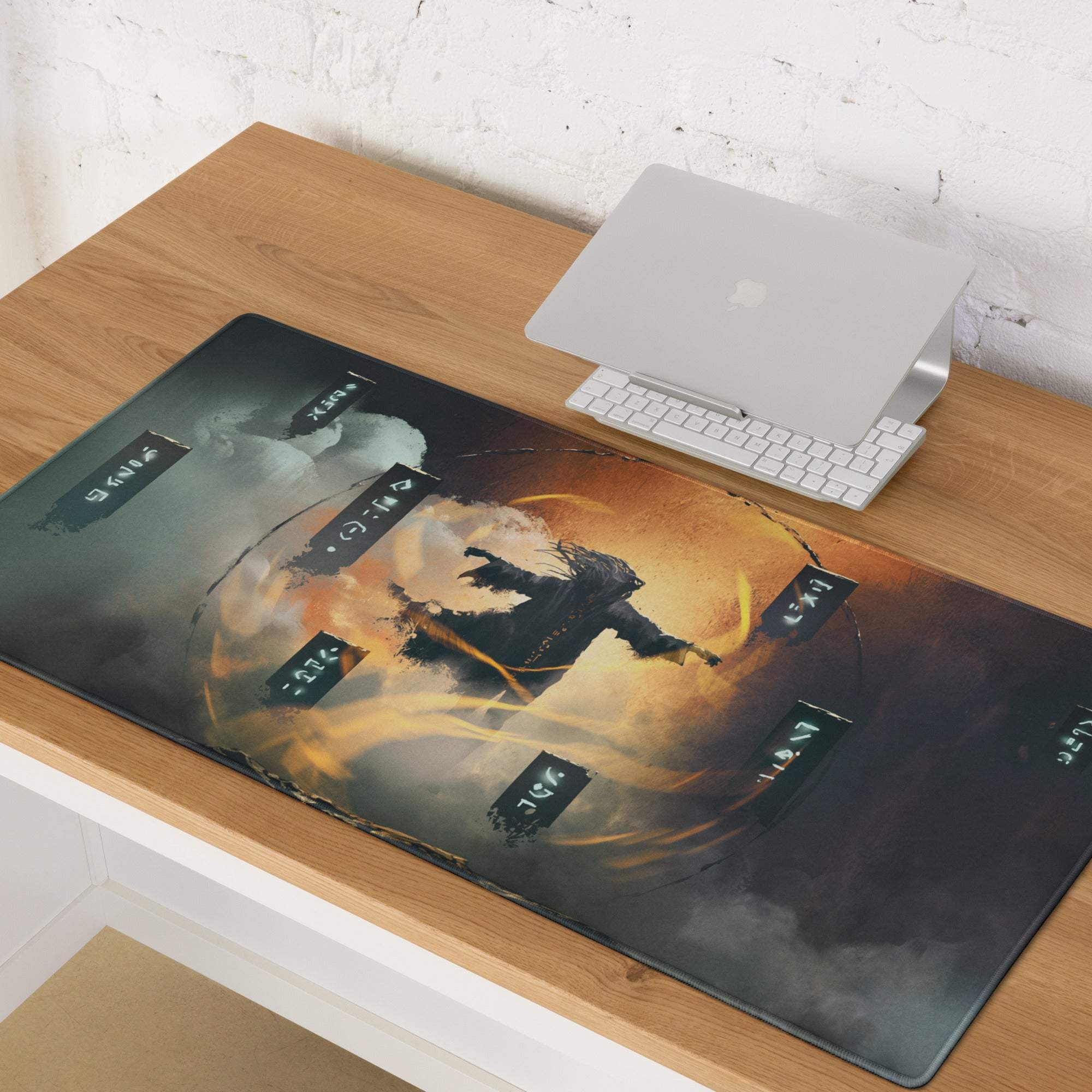 A rectangular cyberpunk inferno gaming mouse pad with dark orange and black clouds and a mid-air character design