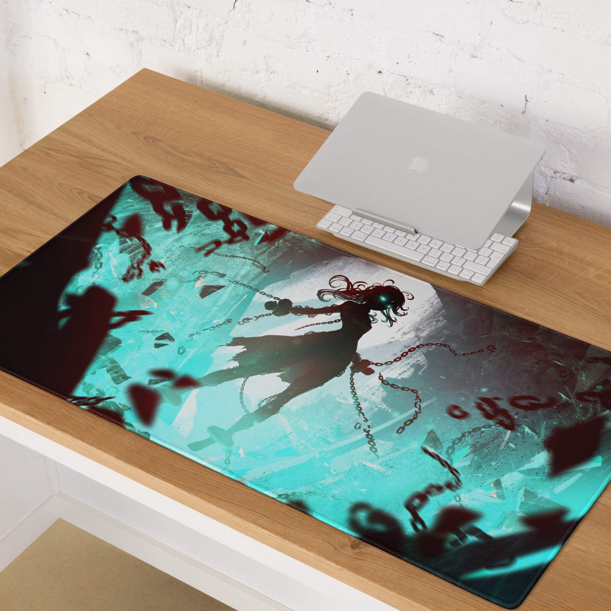 A rectangular gaming mousepad with vibrant teal and dark red anime illustration of a chained figure on a wooden desk