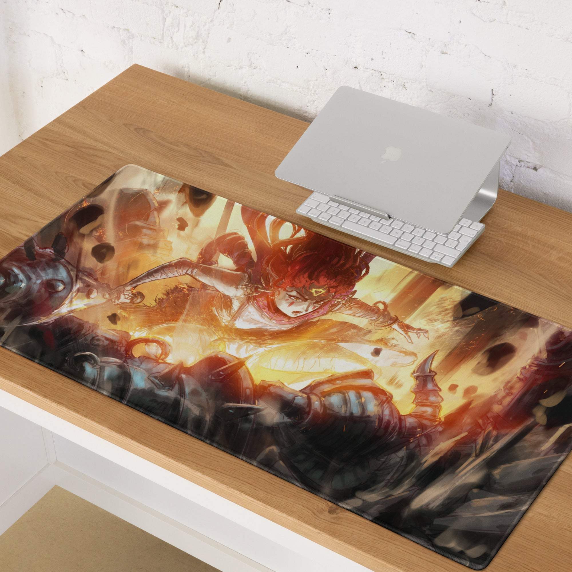 Vibrant fiery anime battle gaming mouse pad with orange red hues on a glossy surface for cyberpunk setups