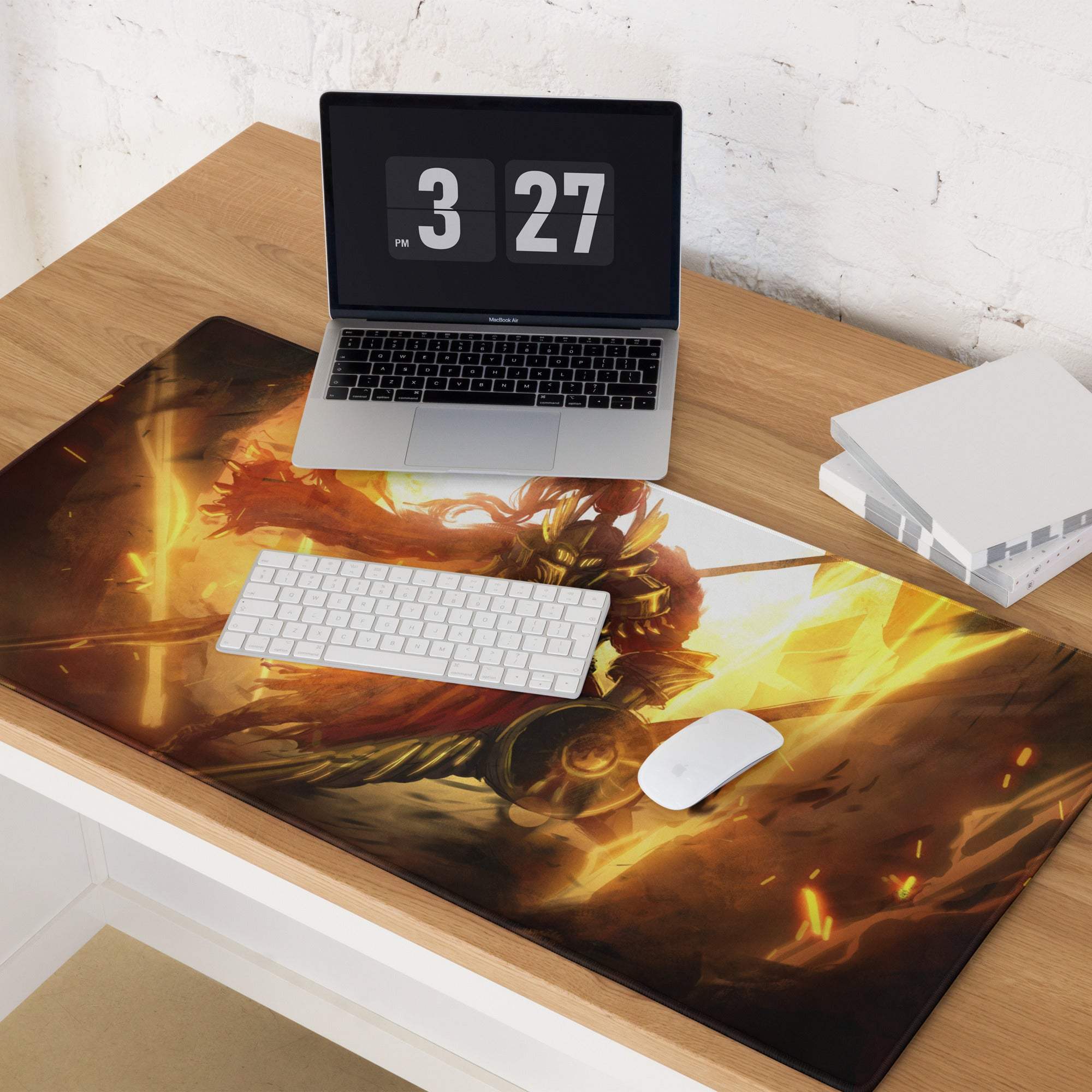 Large rectangular gaming mousepad with vibrant golden-armored warrior amid fiery orange and yellow flames for intense gamer decor