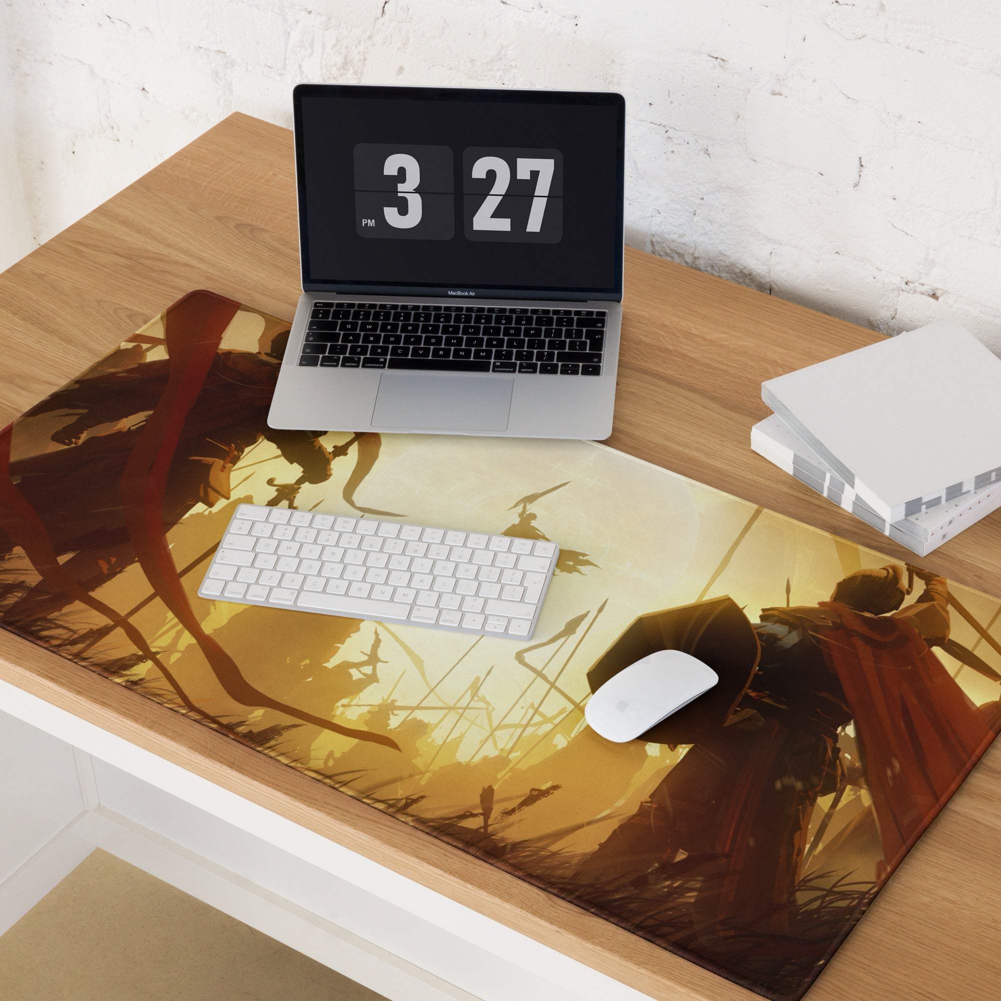 A rectangular gaming mousepad with a detailed illustration of armored warriors in golden orange and brown tones