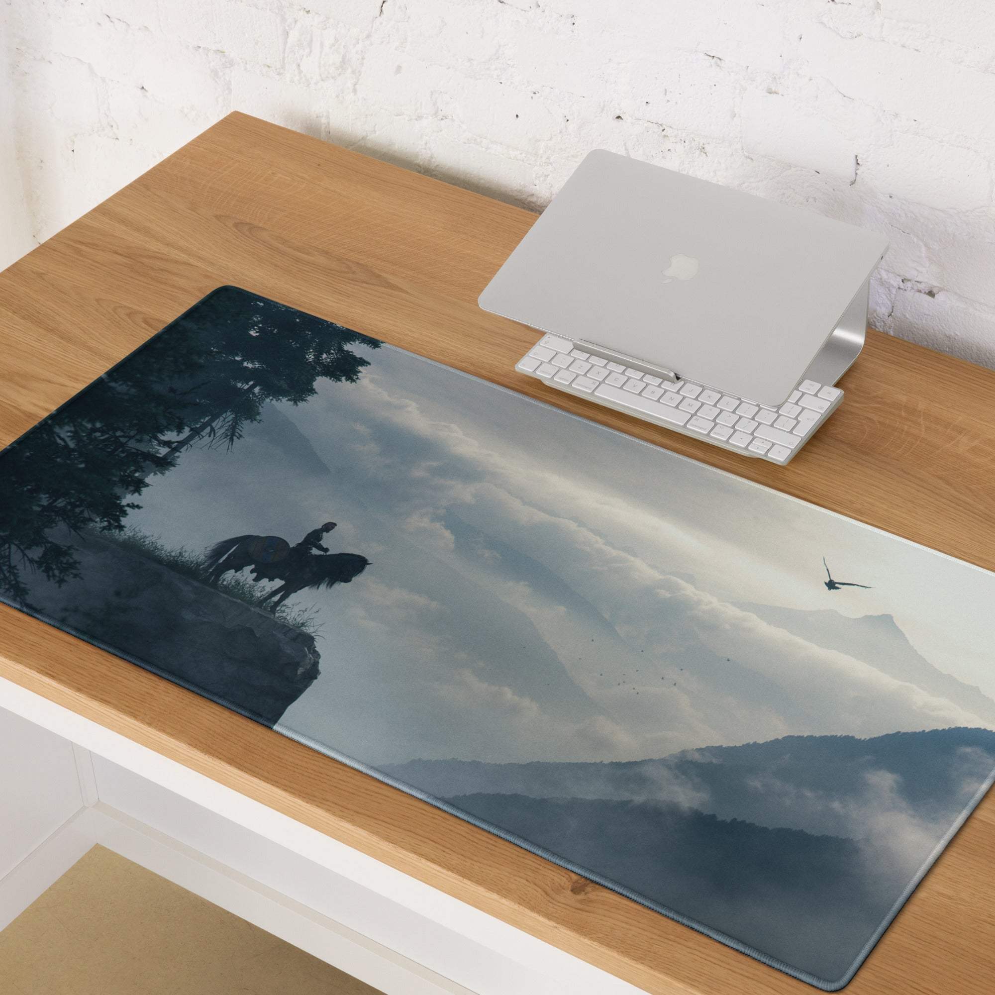 Blue mountain gaming mouse pad with matte finish featuring dark blue and gray mountain landscape for gaming desk