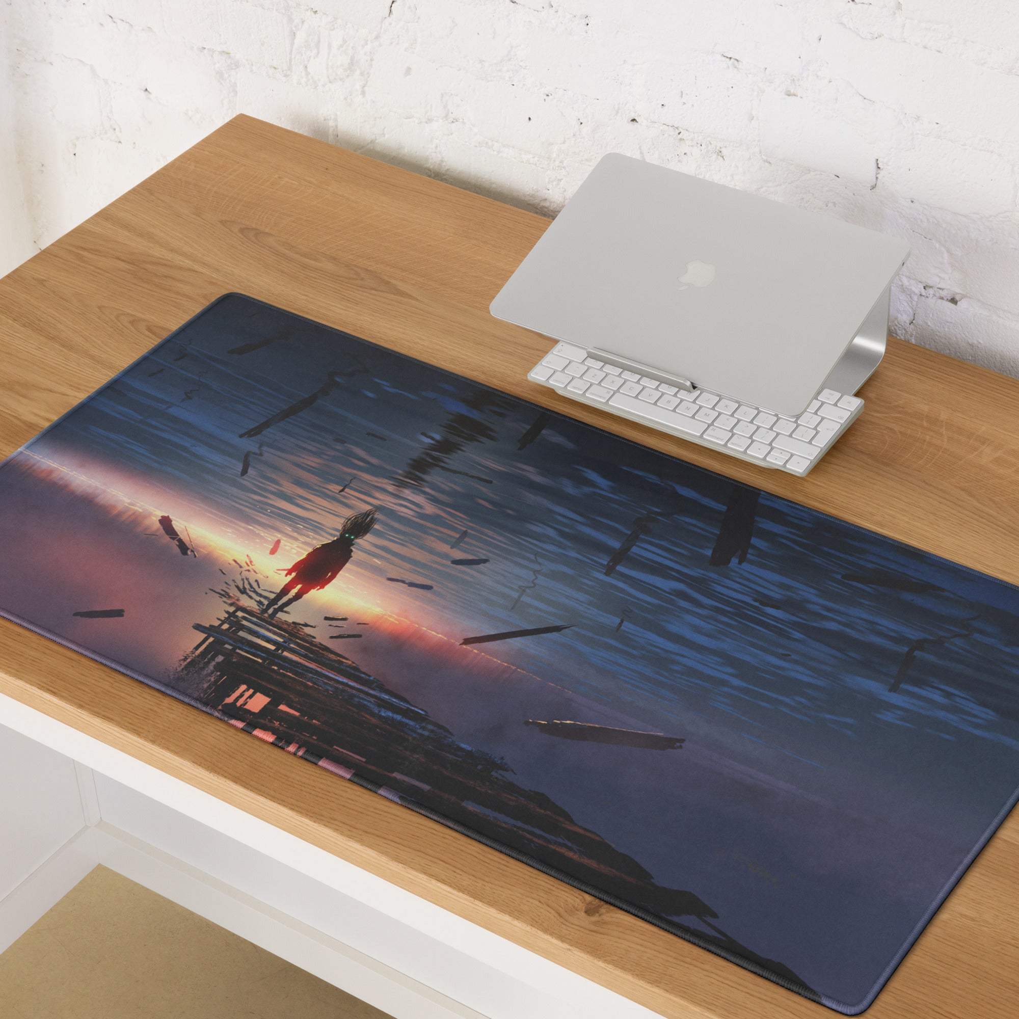 Navy sunset esports gaming mouse pad with glossy finish and anime illustration of a pier at sunset in navy blue and orange