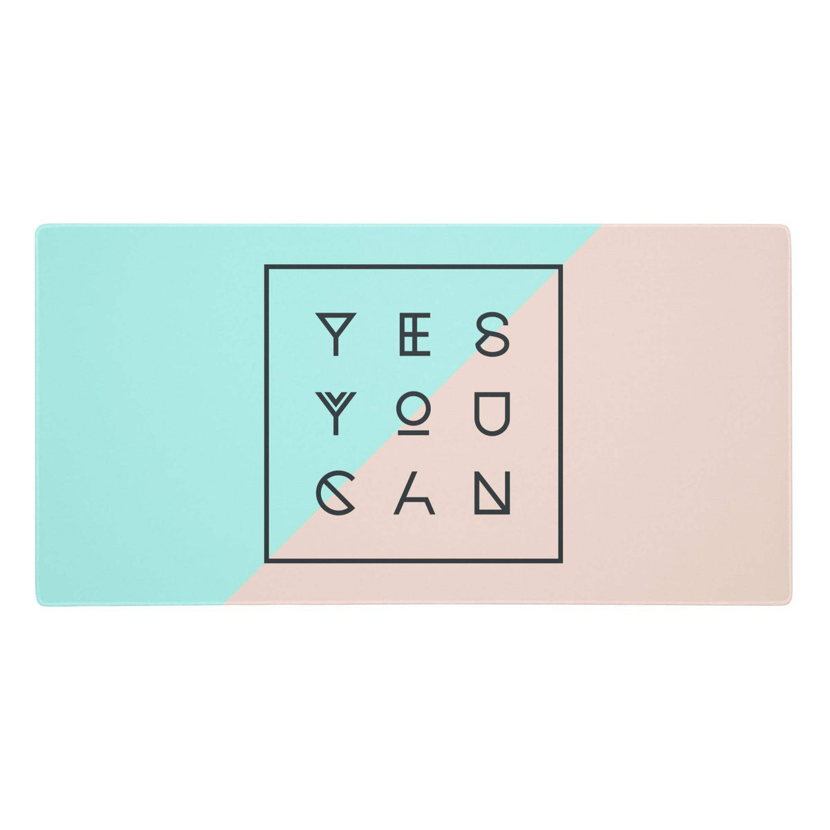 Mint peach geometric desk pad with pastel blue and blush pink diagonal split and yes you can text in black bold letters