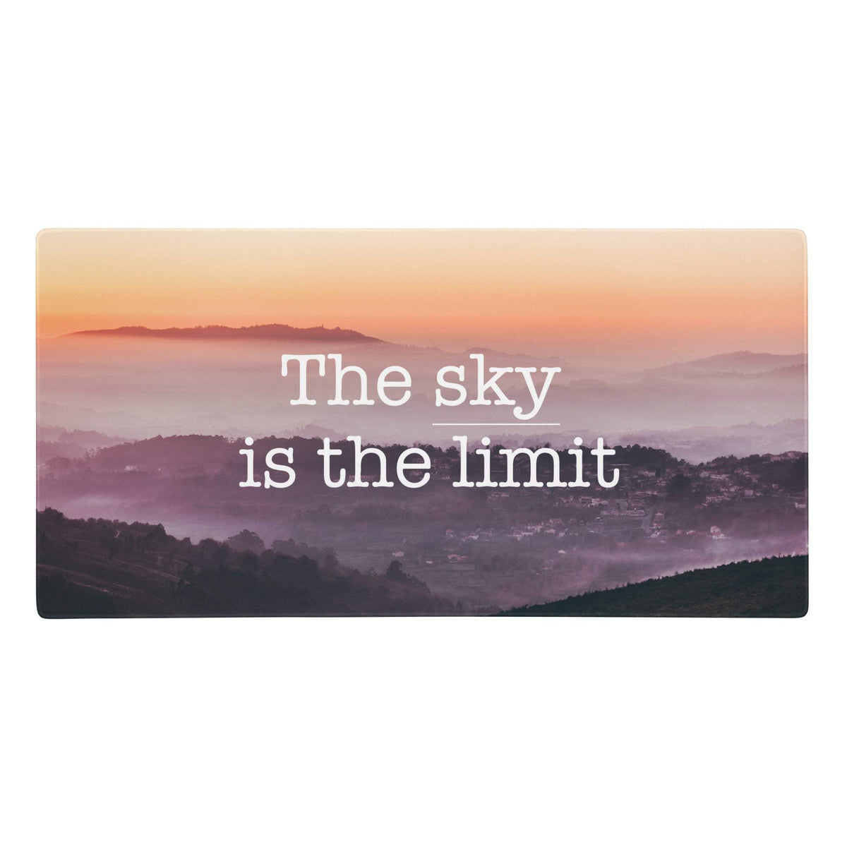 Rectangular sunset gradient motivational mouse pad with serene sunrise over misty mountains and the sky is the limit text