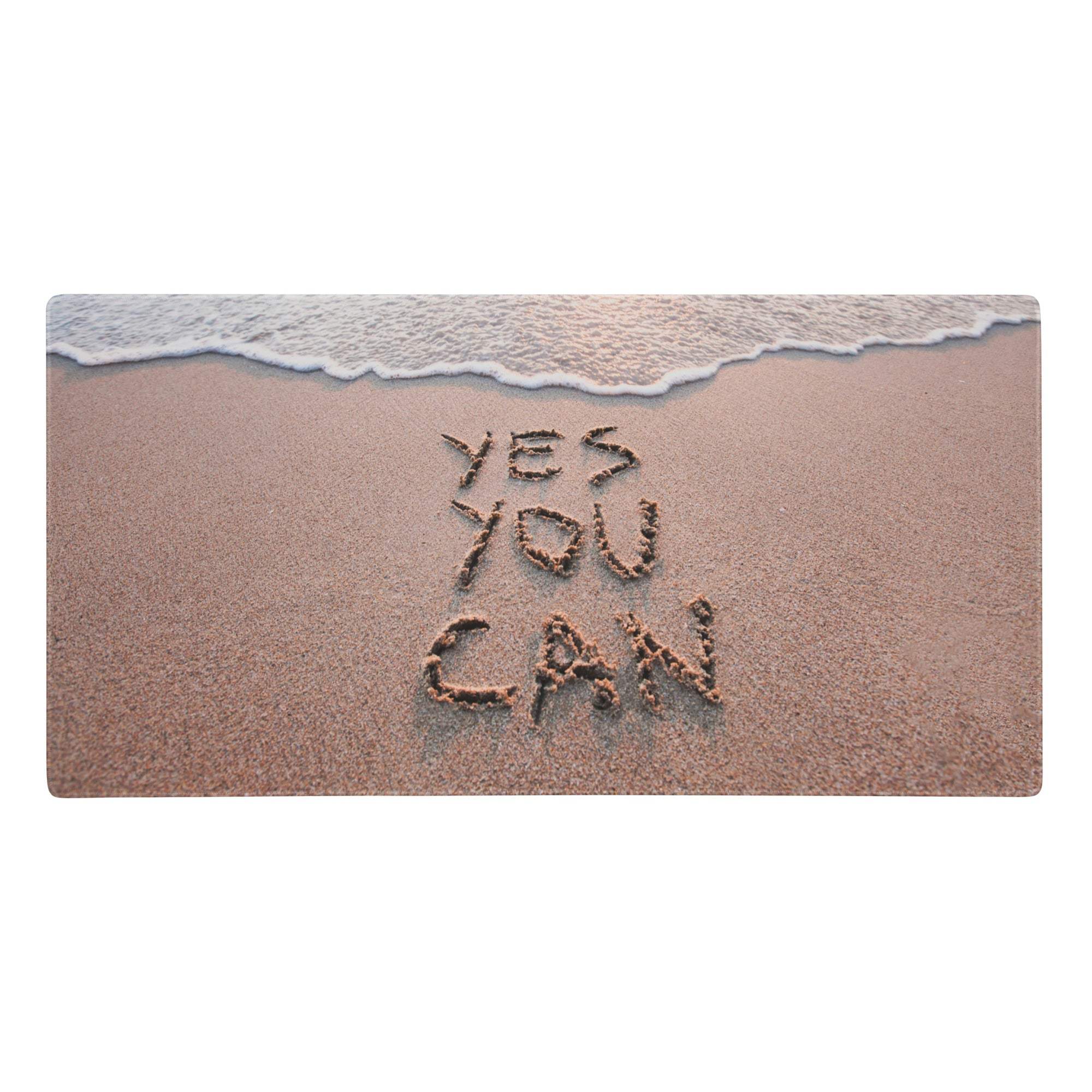 Beige sand ocean blue rectangular mouse pad with a non slip beach scene and yes you can written in sand design