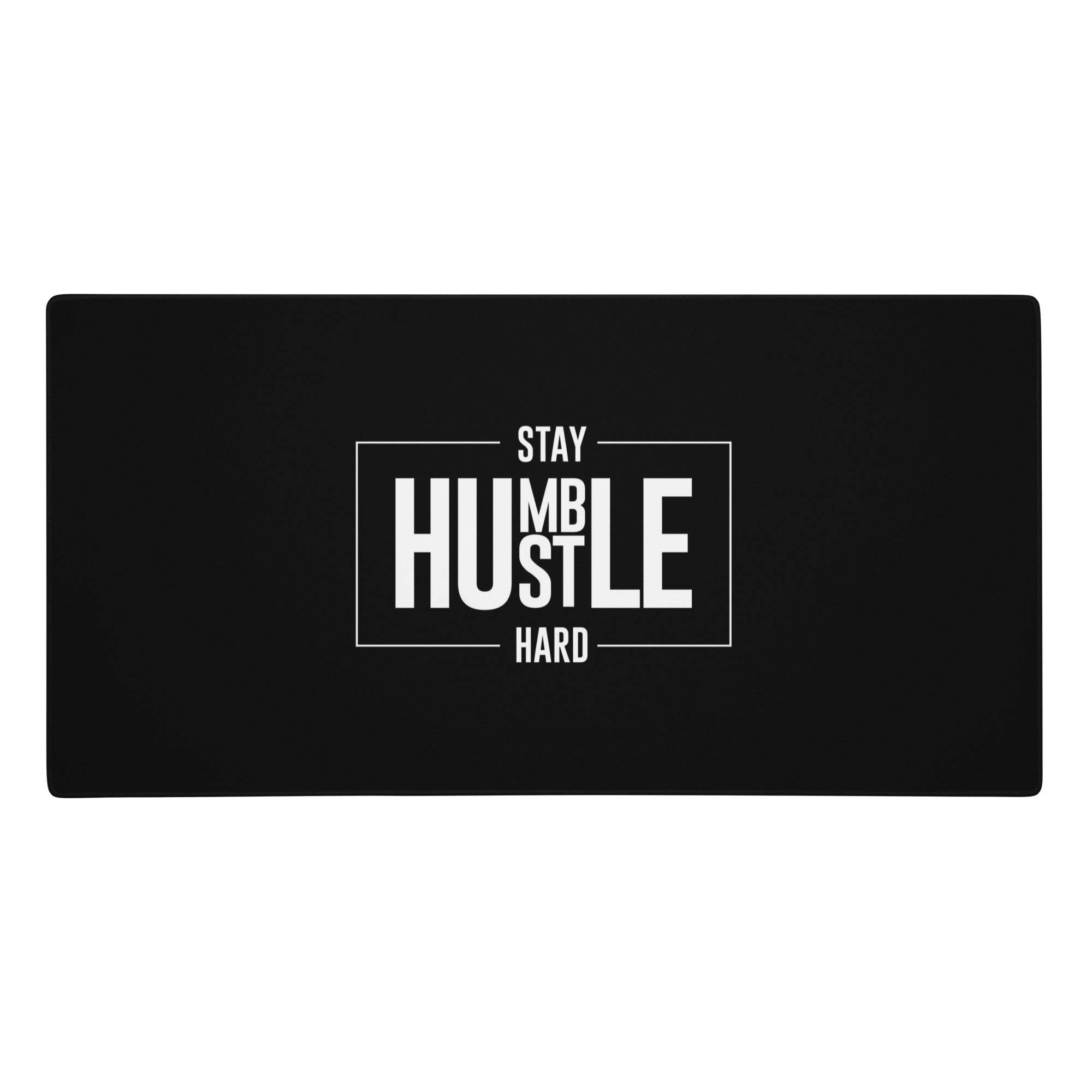 Black rectangular fabric mouse pad with bold white stay humble hard text and thin line border for gaming desk decor
